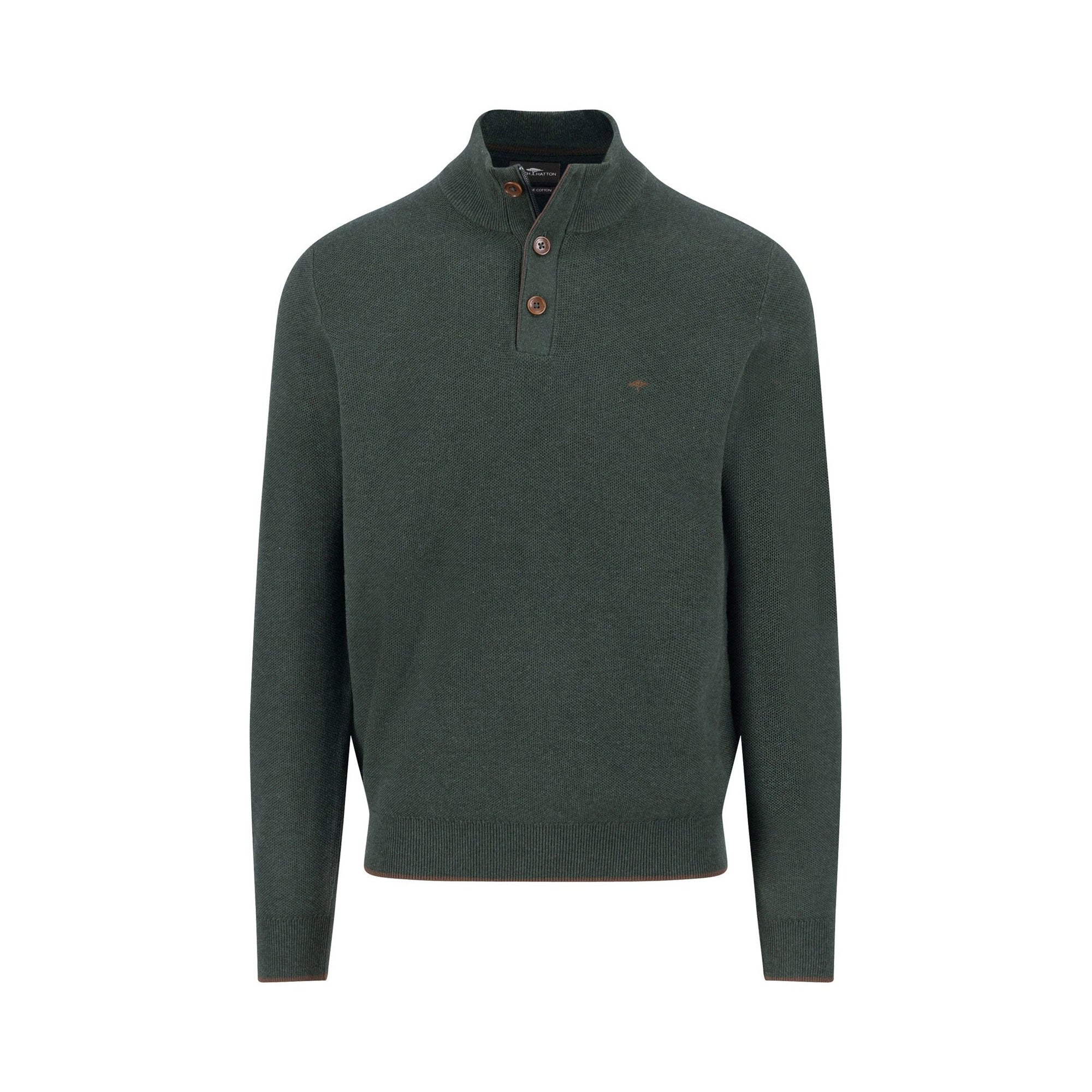 Green sweater with button collar on a white background