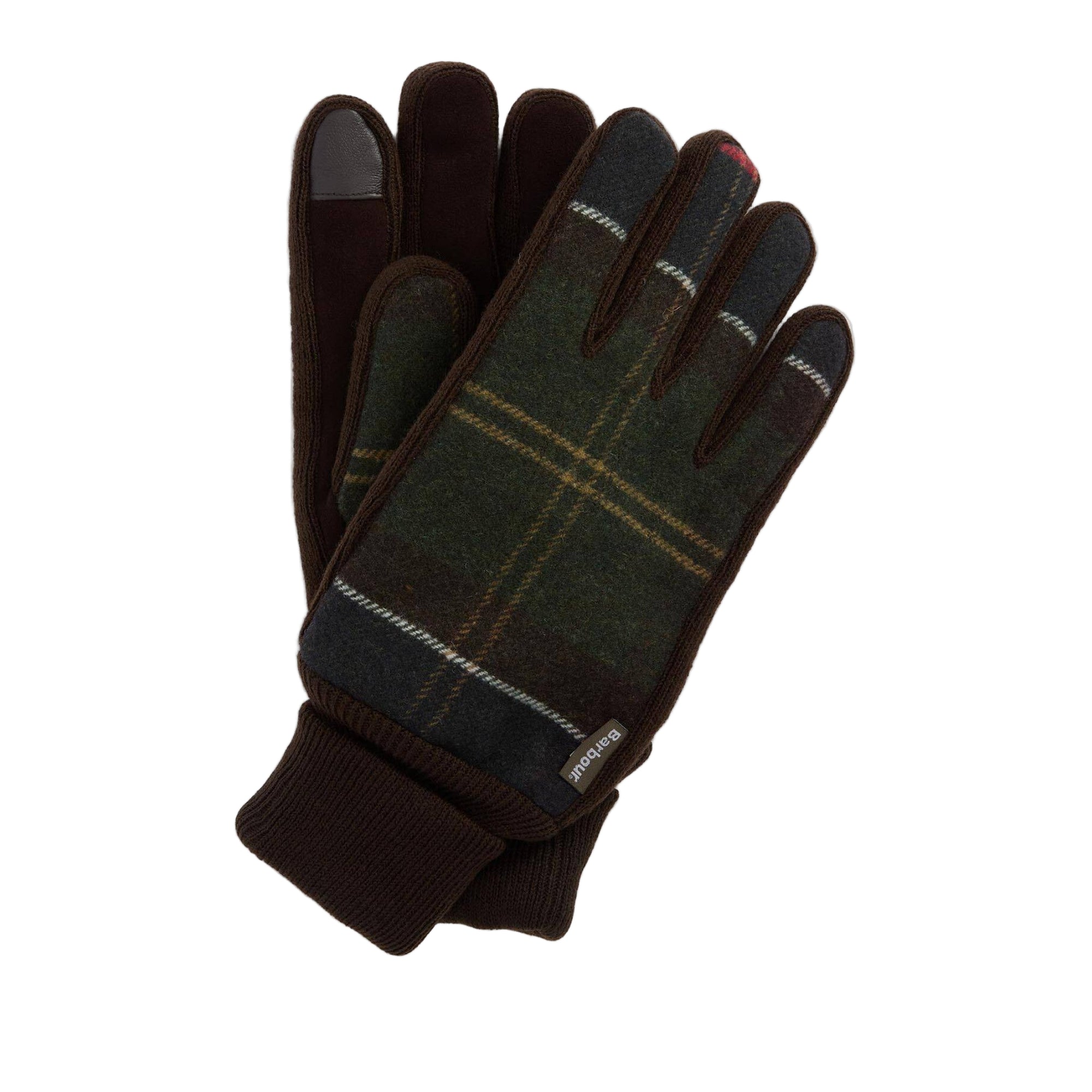 Pair of plaid Barbour gloves with a touch screen tip on a white background