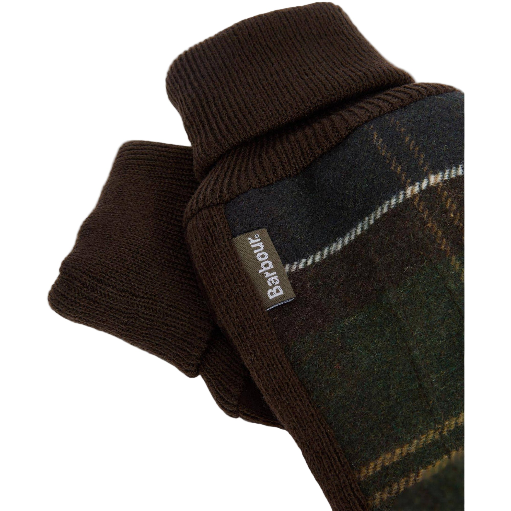 Pair of brown and plaid gloves with a Barbour label on a light gray background