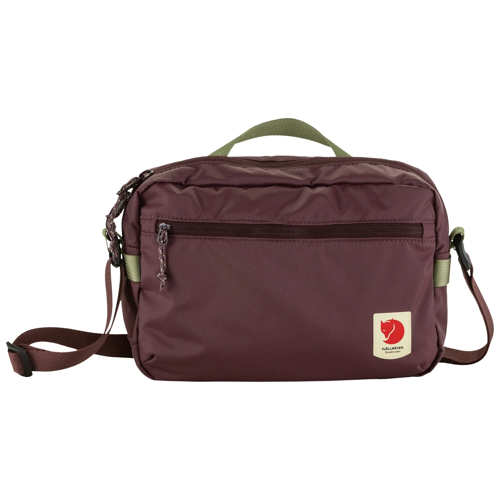 Blackberry shoulder bag with green accents on a white background