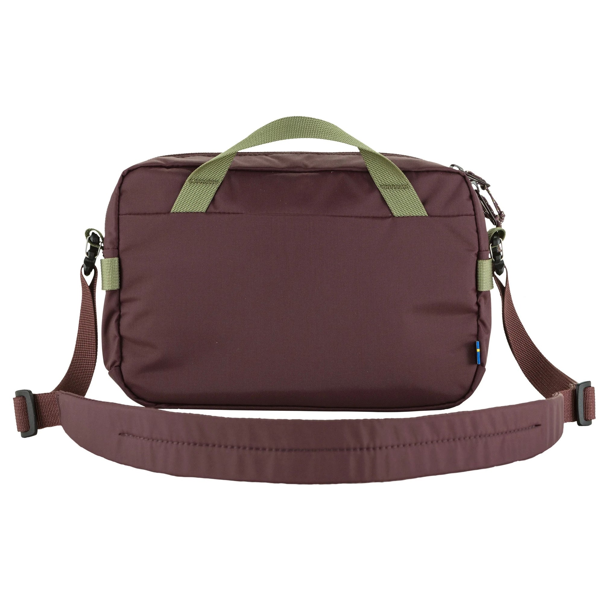 Blackberry bag with green straps on a white background