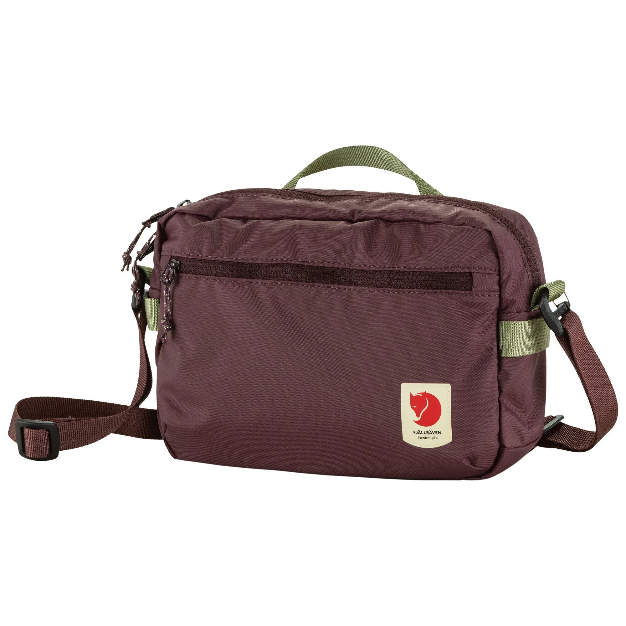 Blackberry shoulder bag with green straps on a white background