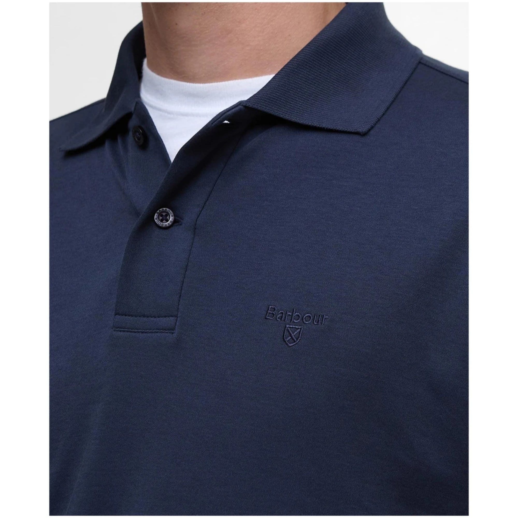 Navy blue polo shirt with a brand logo on a white background