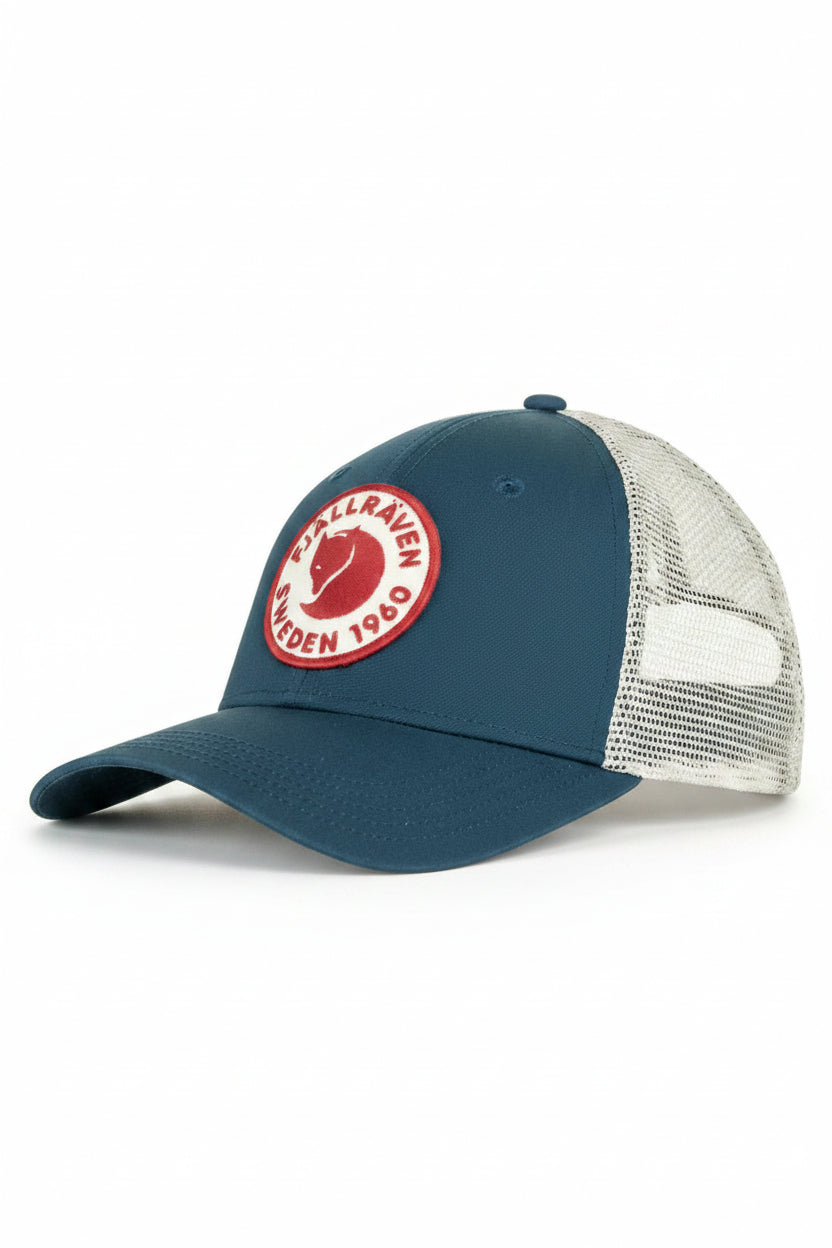 Blue and white cap with a red logo on a white background