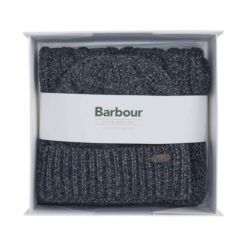 Barbour Jesmond Beanie and Scarf Gift Set – Mid Grey & Navy