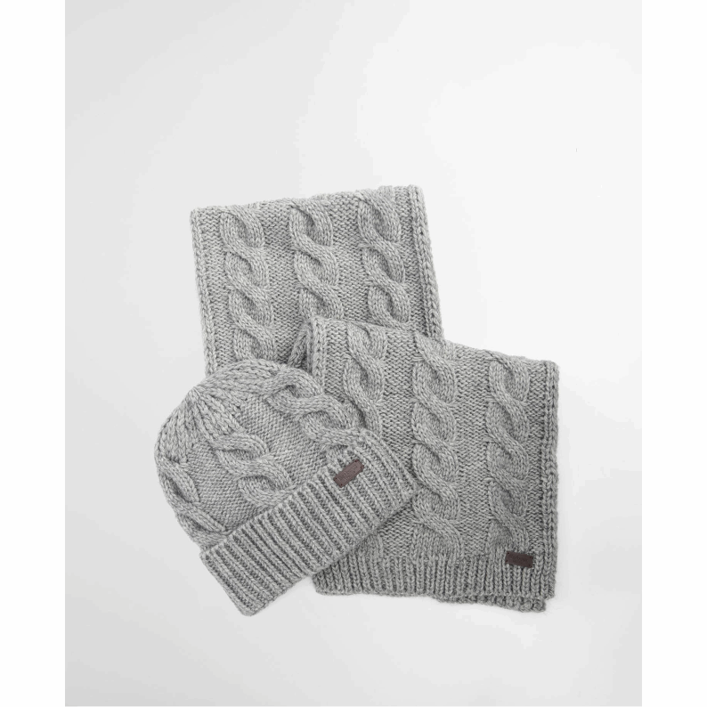 Barbour Jesmond Beanie and Scarf Gift Set – Mid Grey & Navy