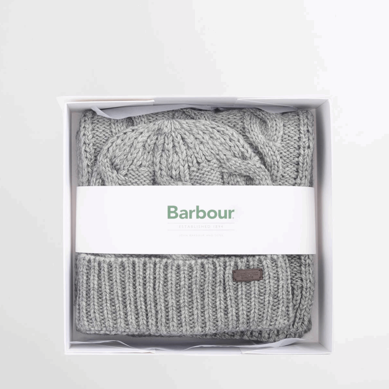 Barbour Jesmond Beanie and Scarf Gift Set – Mid Grey & Navy