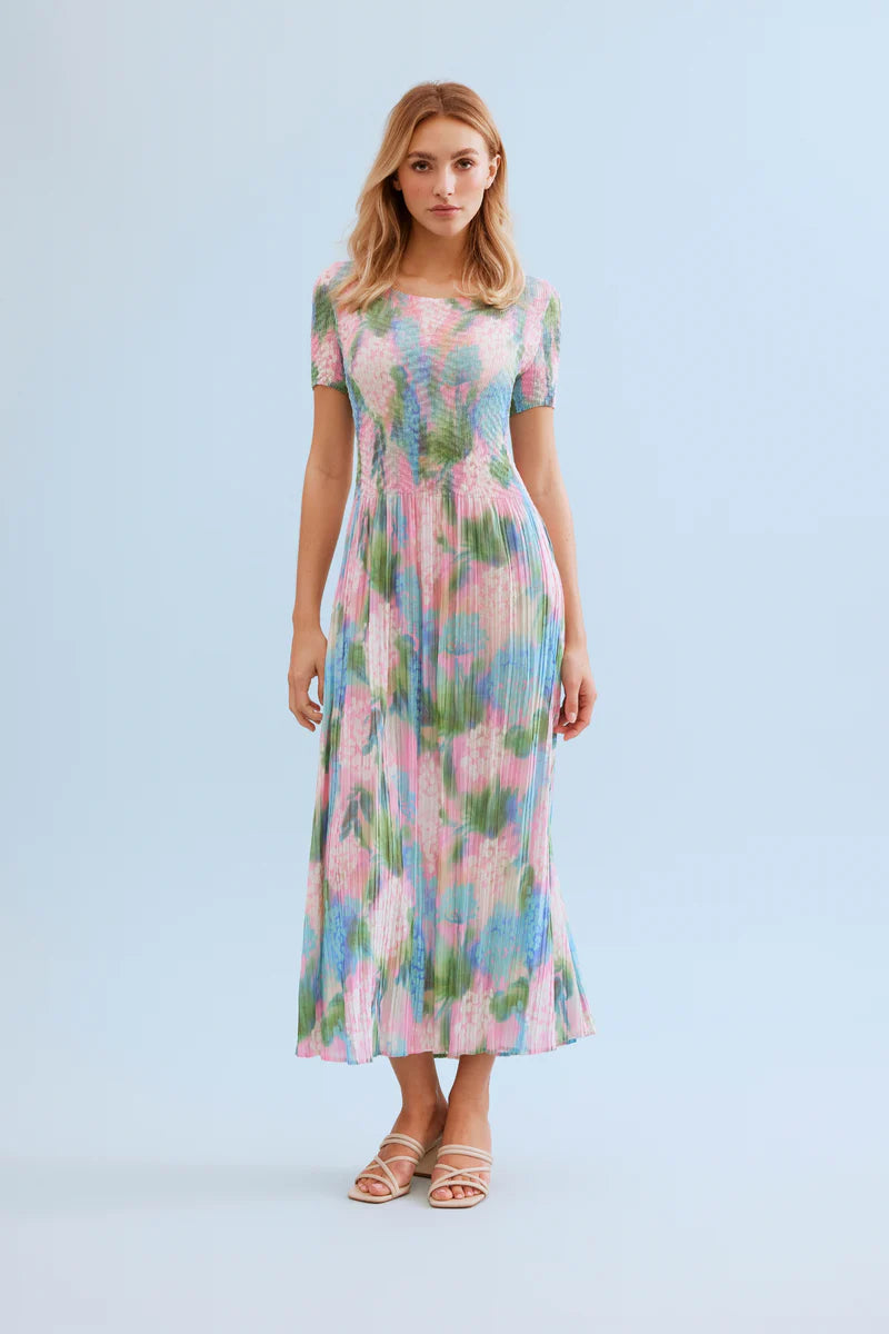 Leo &amp; Ugo Lucinda Printed Pastel Pleated Long Dress in Watercolour KER070