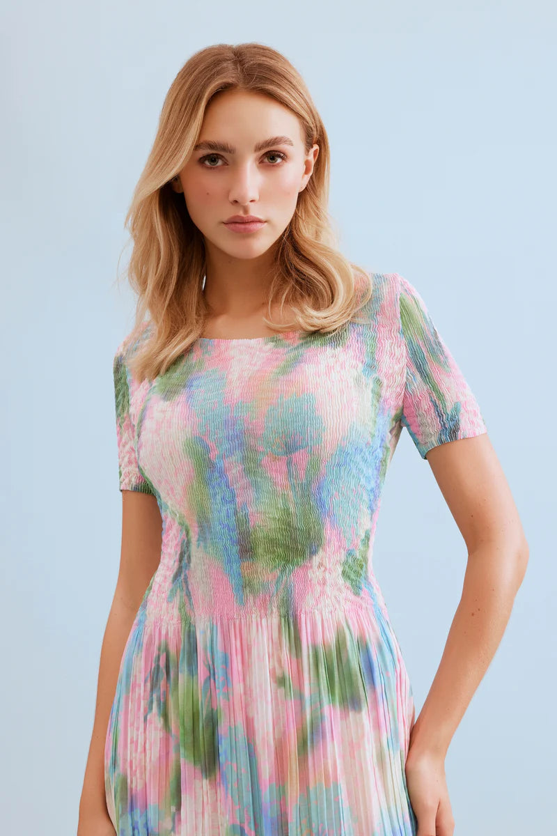 Leo &amp; Ugo Lucinda Printed Pastel Pleated Long Dress in Watercolour KER070