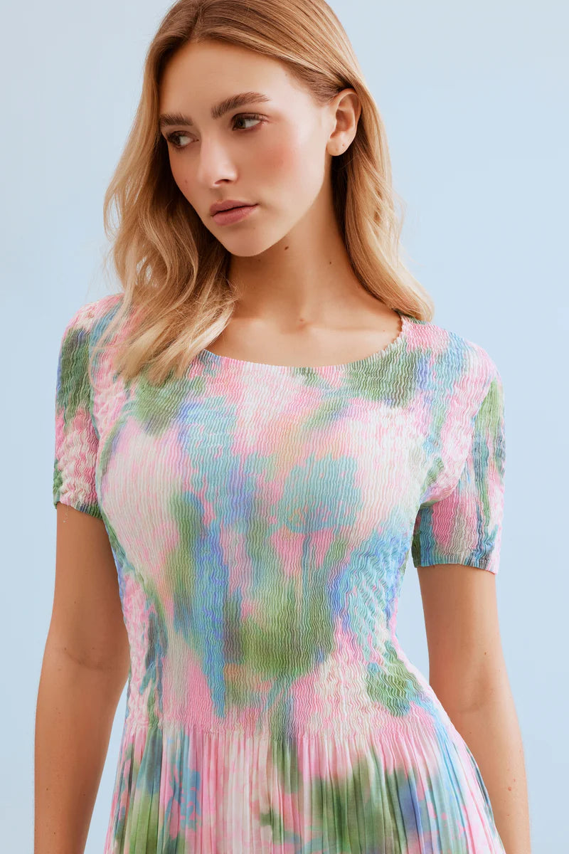 Leo &amp; Ugo Lucinda Printed Pastel Pleated Long Dress in Watercolour KER070