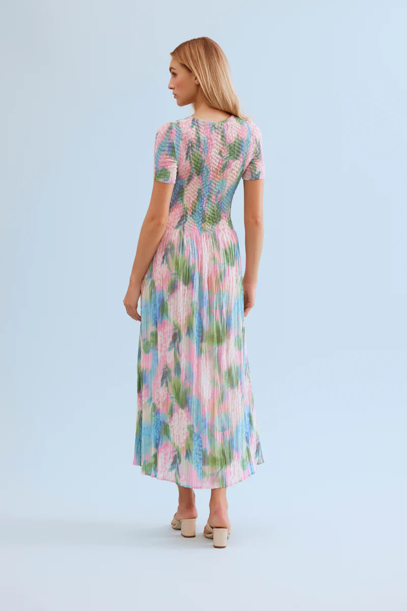 Leo &amp; Ugo Lucinda Printed Pastel Pleated Long Dress in Watercolour KER070