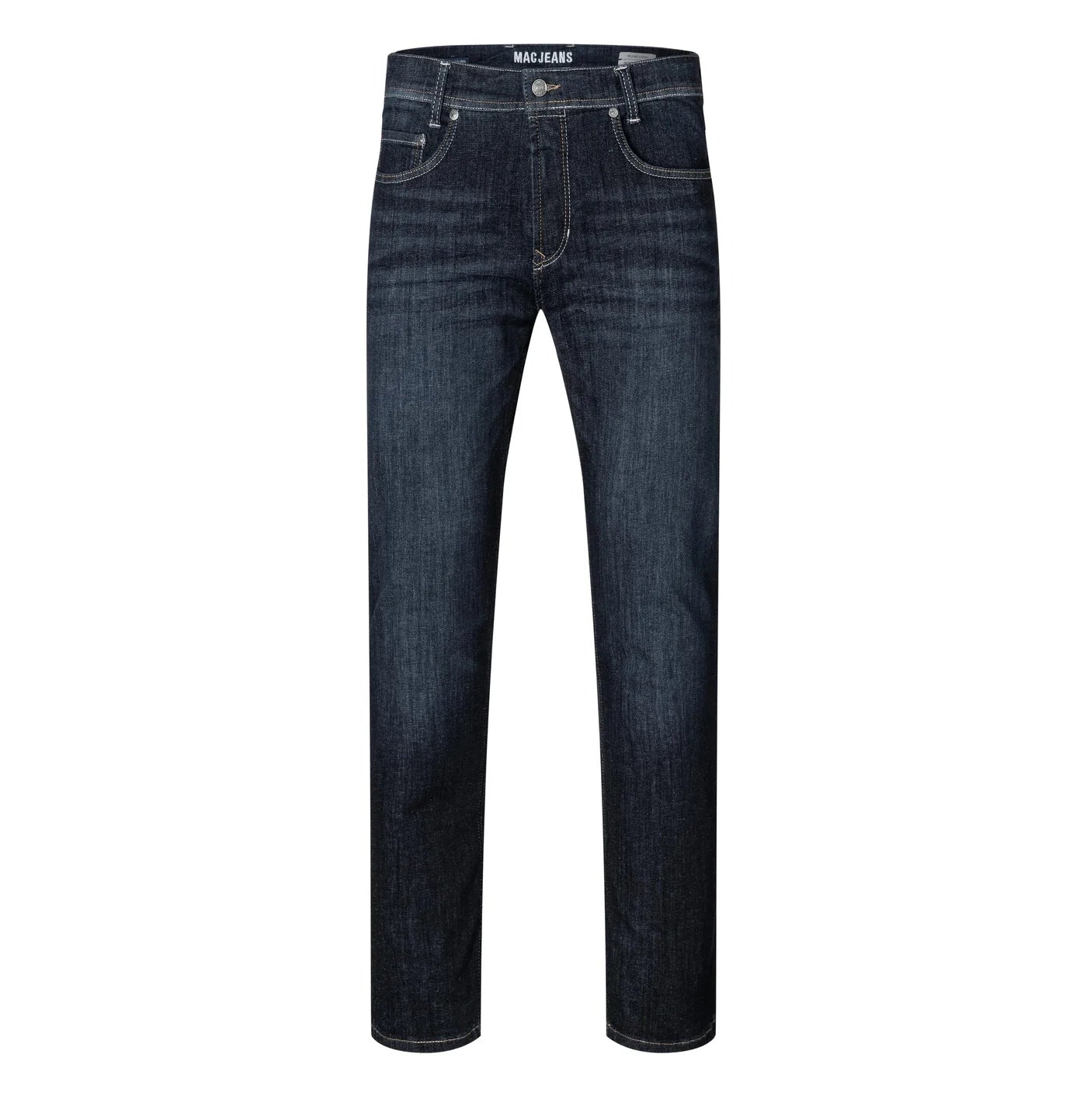 Pair of dark blue jeans on a white background