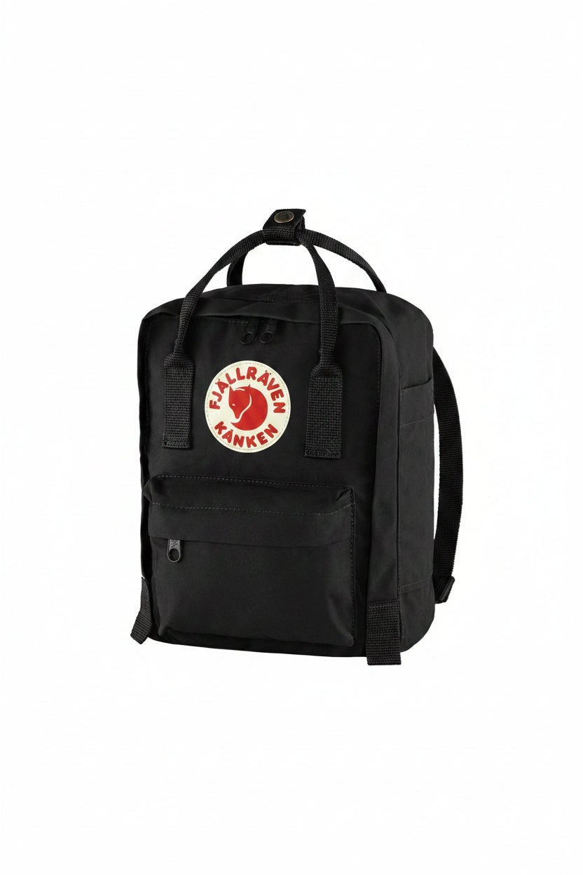 Black backpack with Fjällräven Kånken logo on a white background