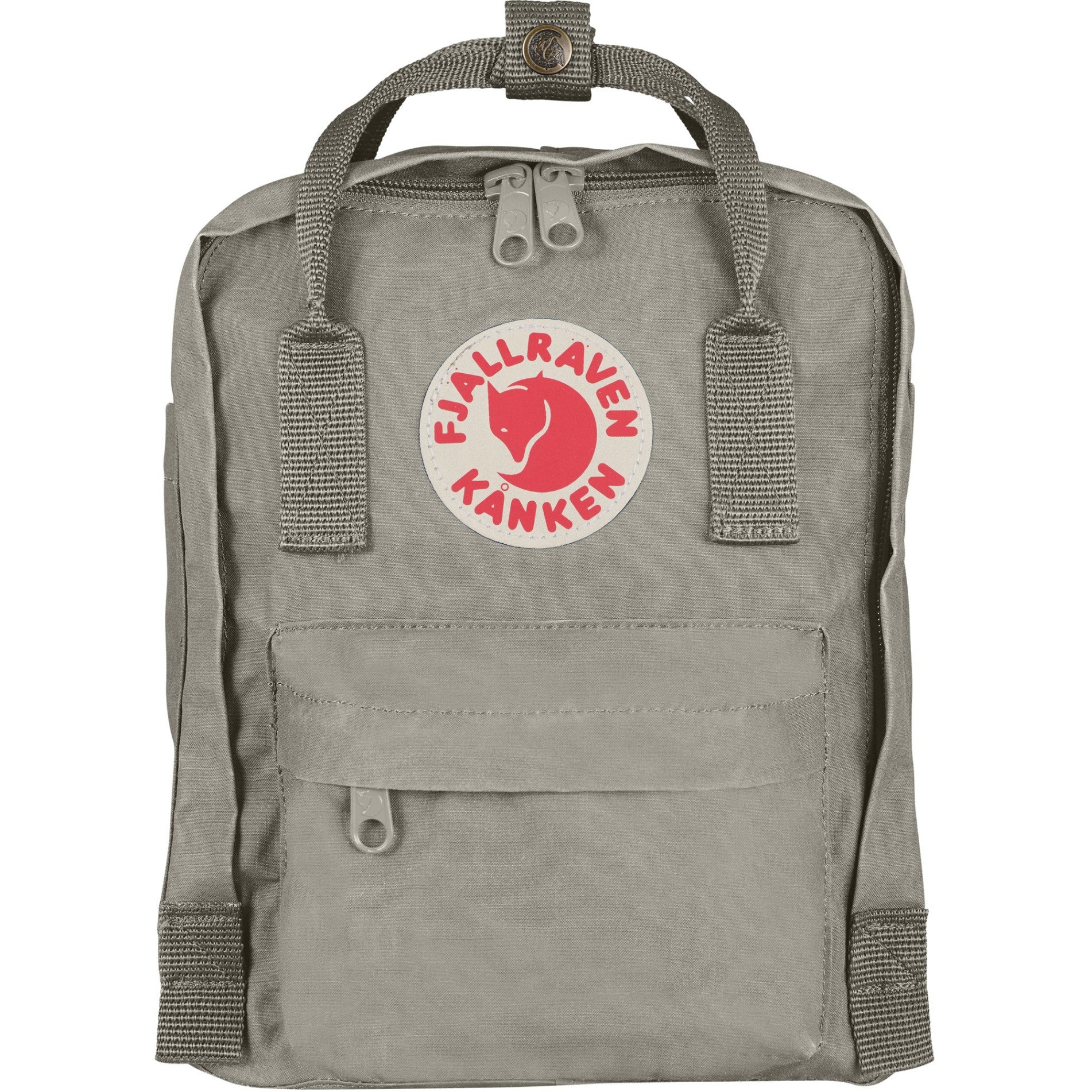 Gray backpack with Fjällräven Kånken logo on a white background