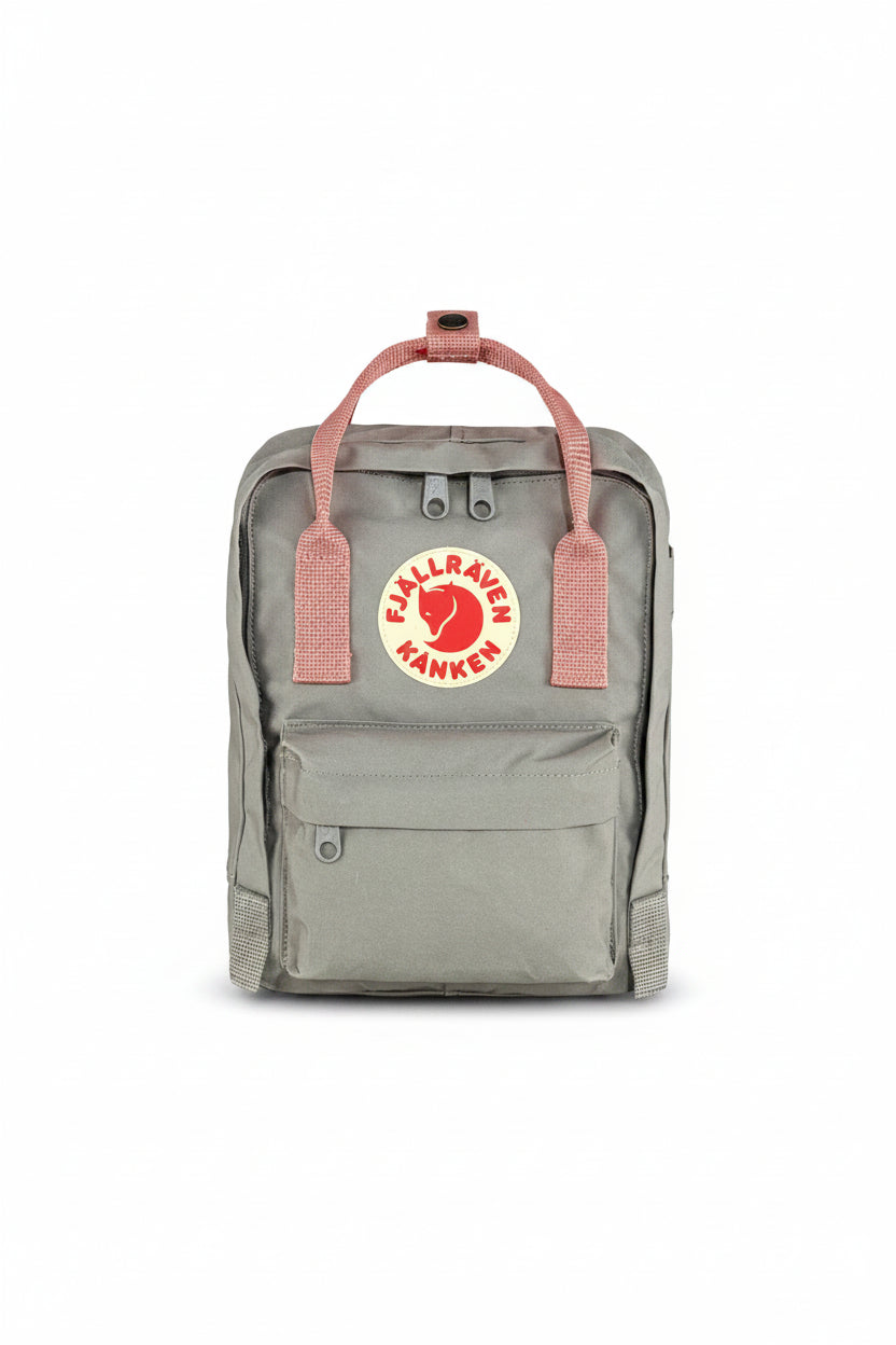 Gray backpack with pink straps and Fjällräven Kånken logo on a white background