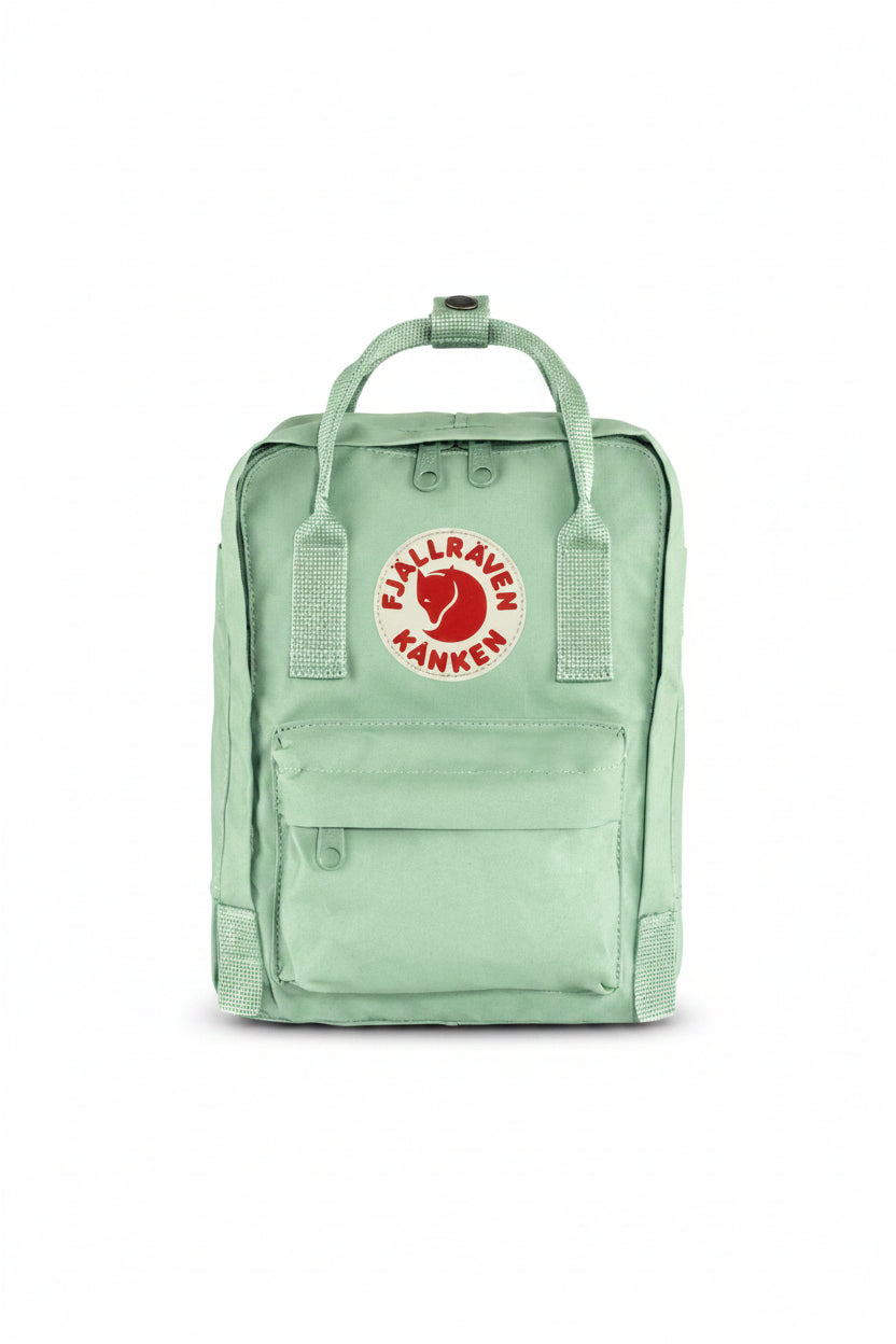 Mint green backpack with Fjällräven Kånken logo on a white background