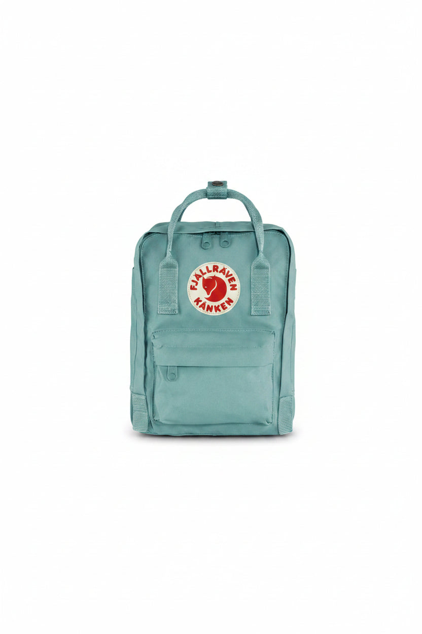 Teal backpack with Fjällräven Kånken logo on a white background