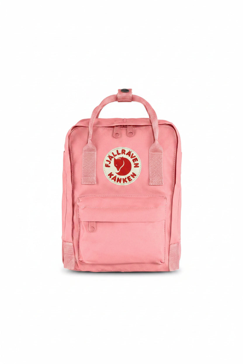 Pink backpack with Fjällräven Kånken logo on a white background