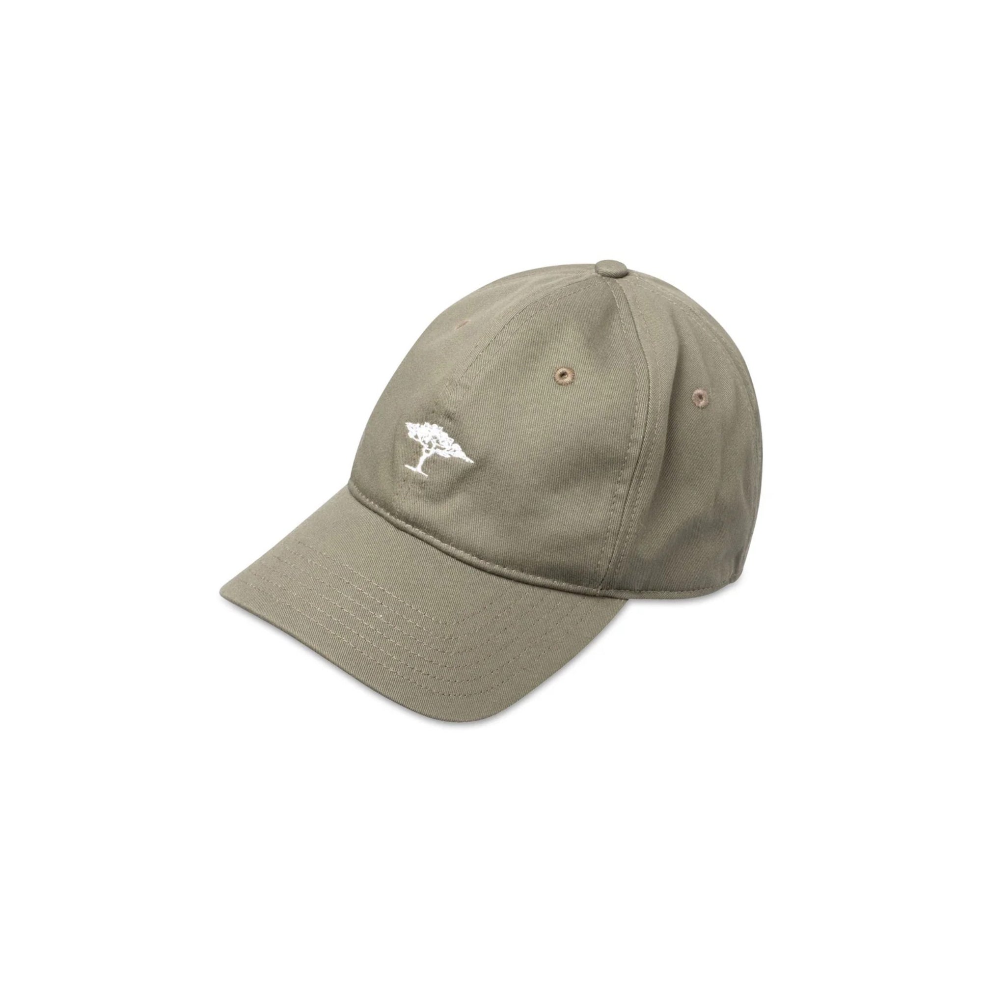 Khaki cap with a small logo on a white background