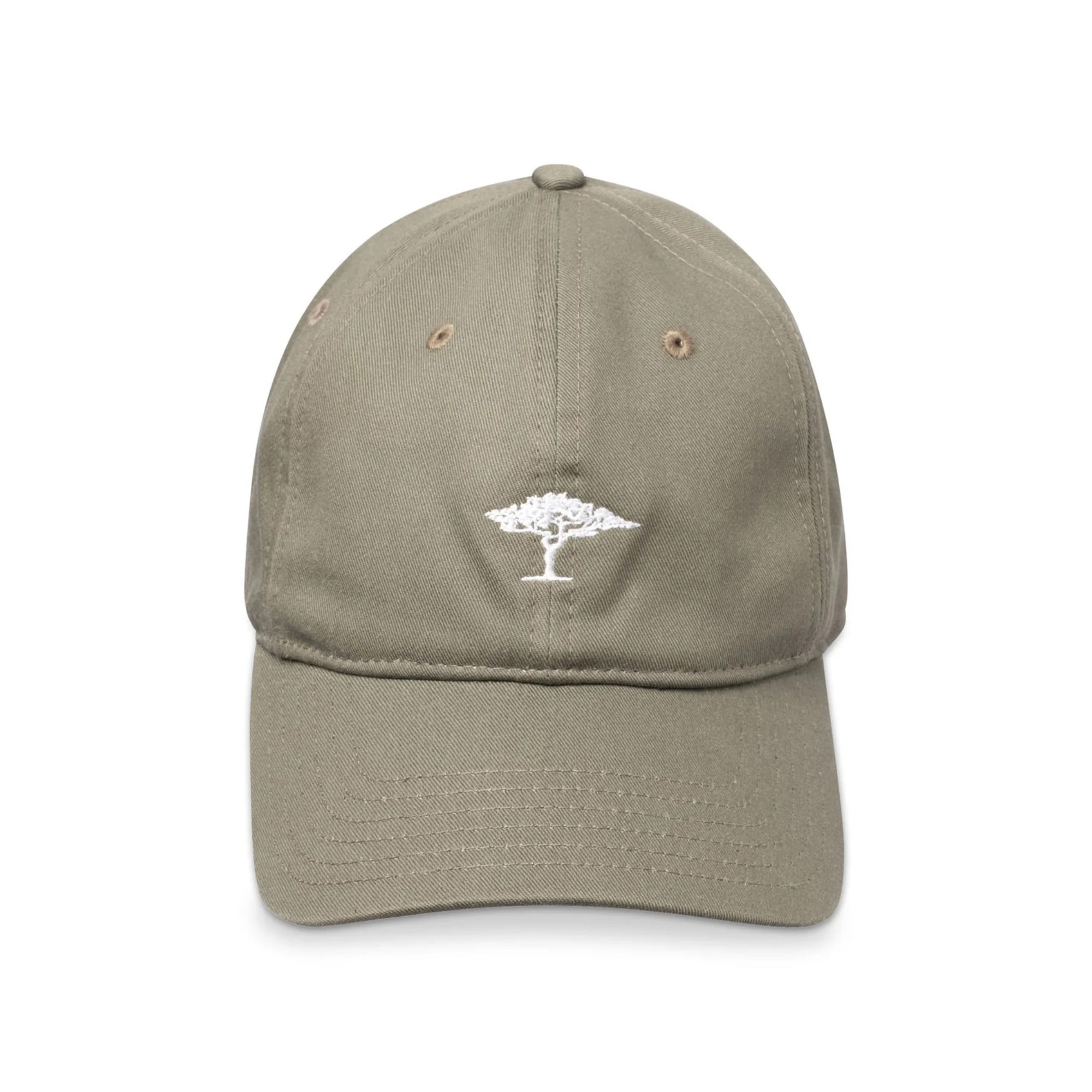 Khaki cap with a white tree logo on a white background