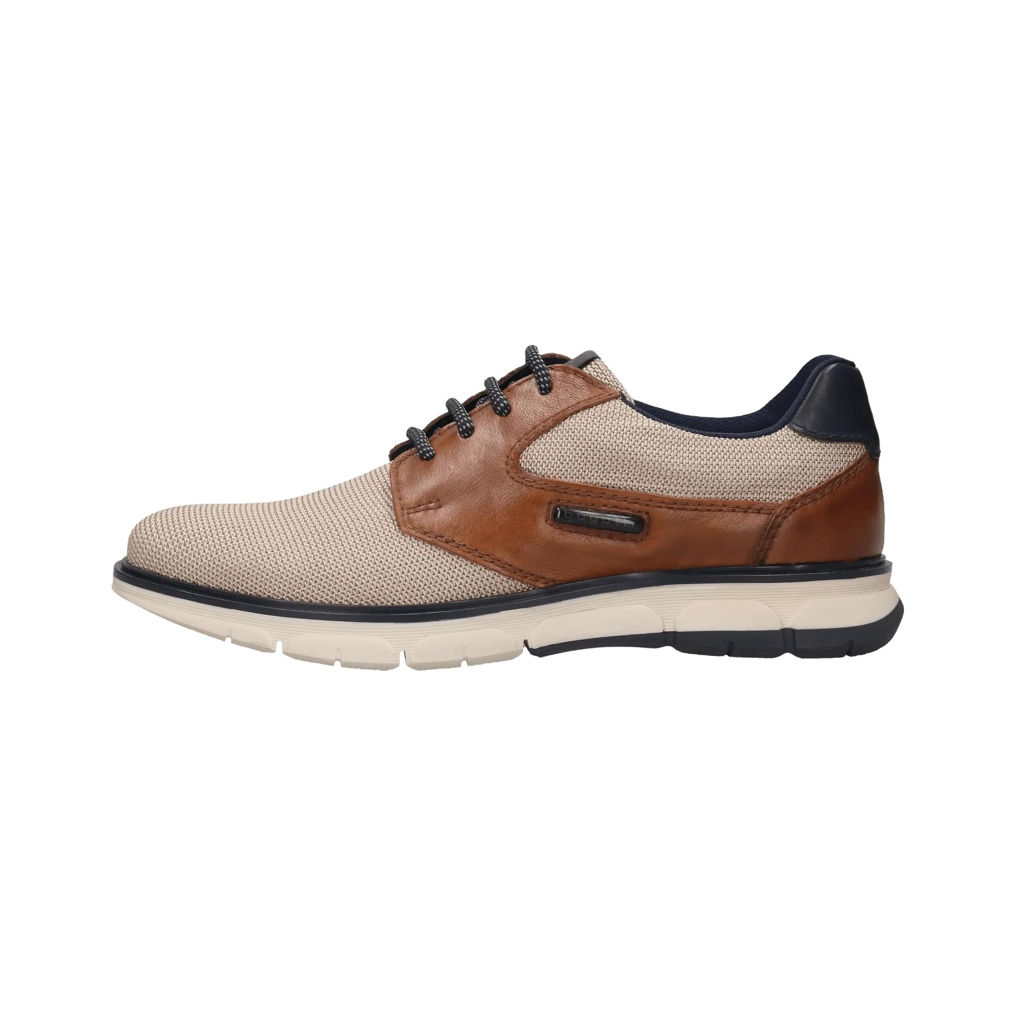 Beige and brown shoe with black laces on a white background