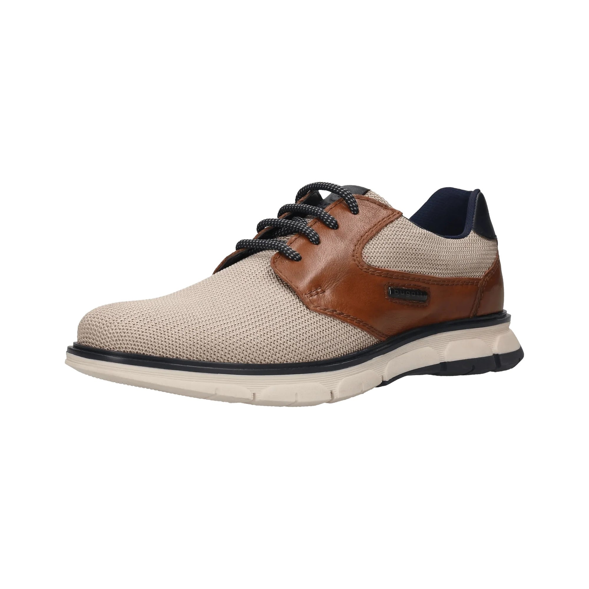 Beige and brown shoe with black laces on a white background