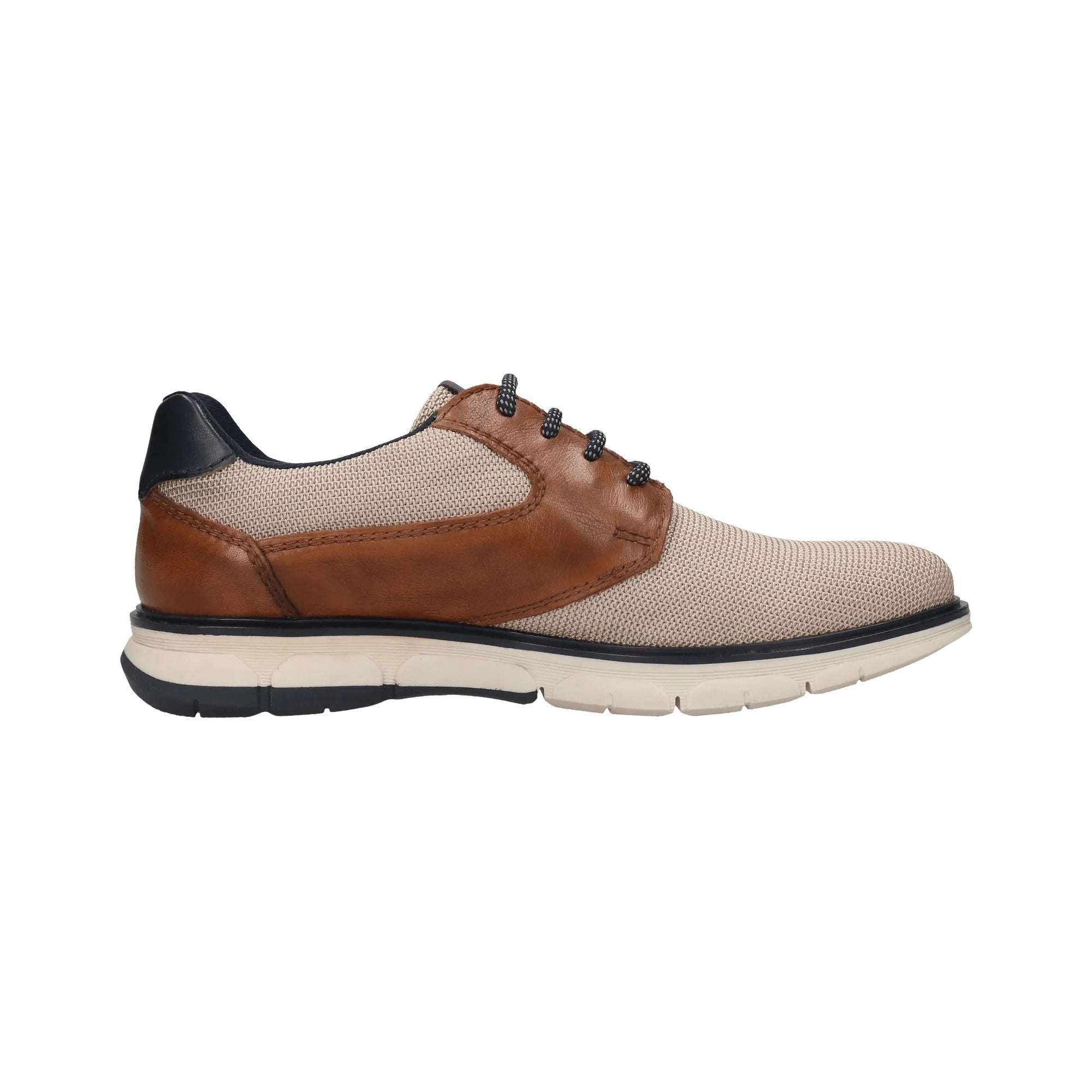 Beige and brown shoe with black laces on a white background