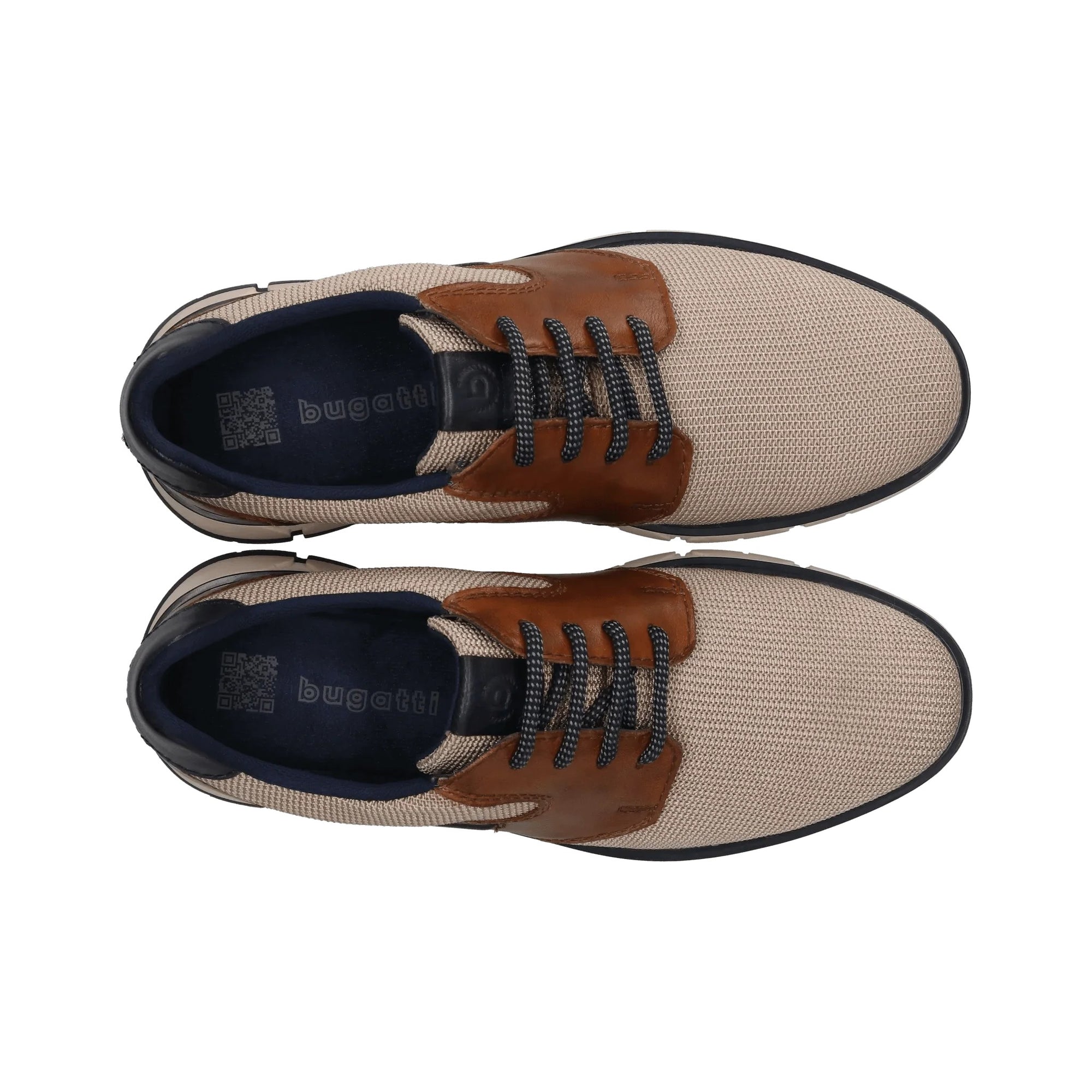 Beige and brown shoe with black laces on a white background