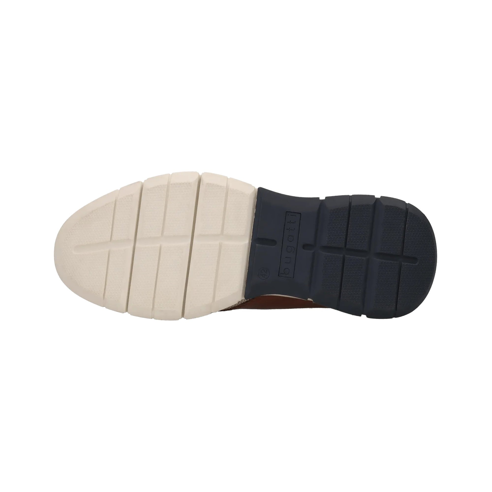 Beige and brown shoe with black laces on a white background