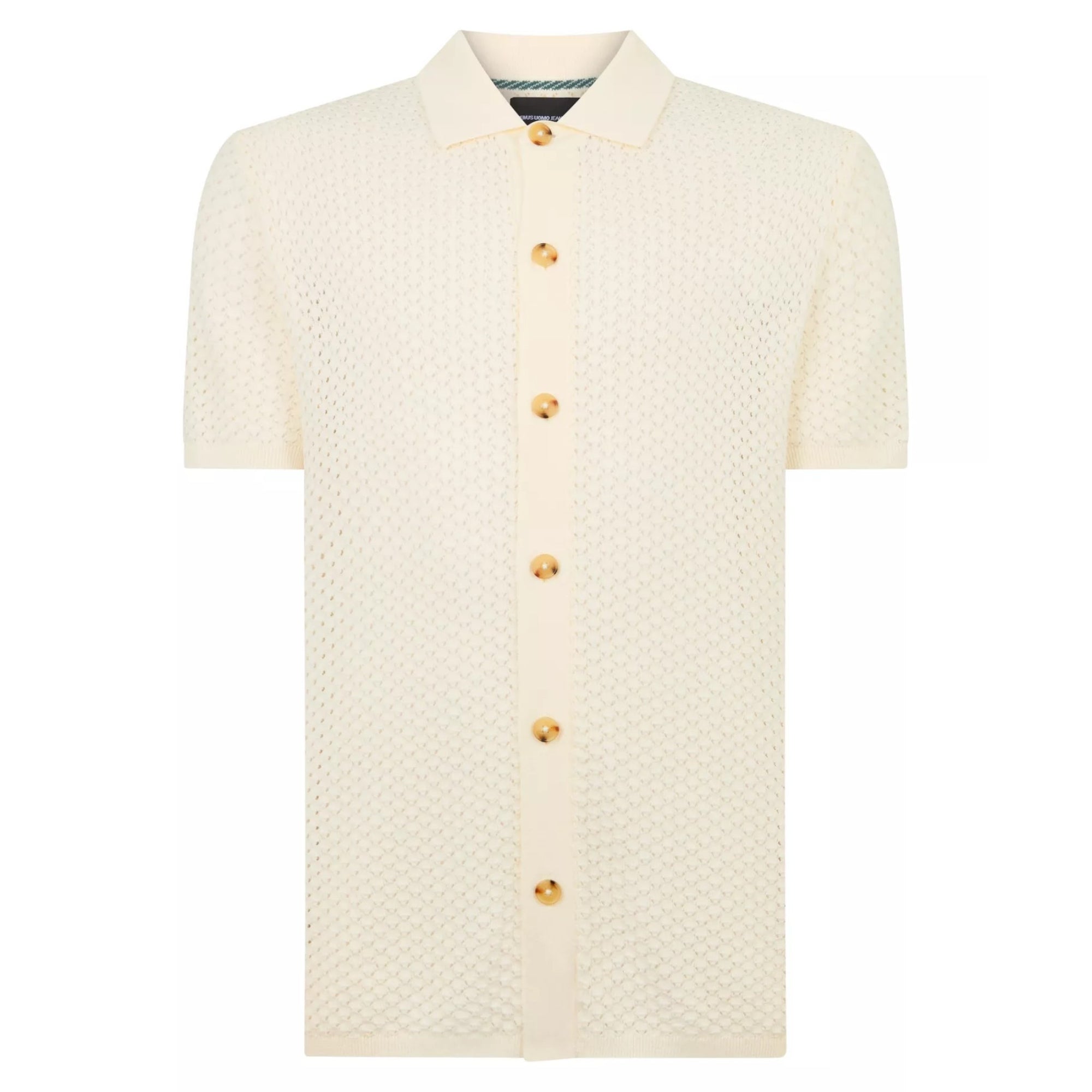 Short-sleeve shirt with a textured pattern and gold buttons on a white background