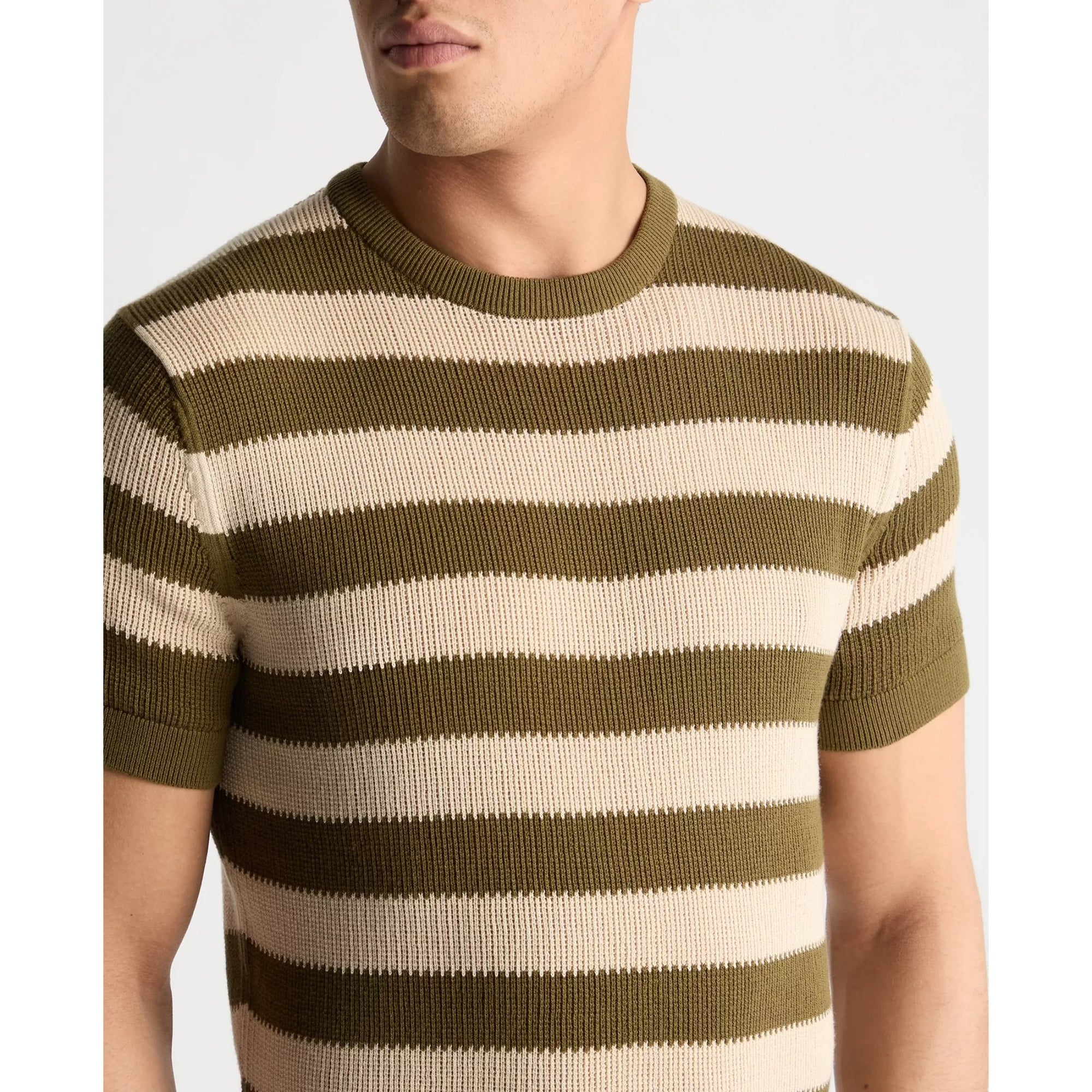 Man wearing a green and beige striped sweater on a plain background