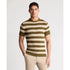 Man wearing a green and beige striped sweater on a light gray background