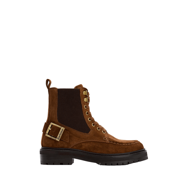 Brown boot with gold buckle 