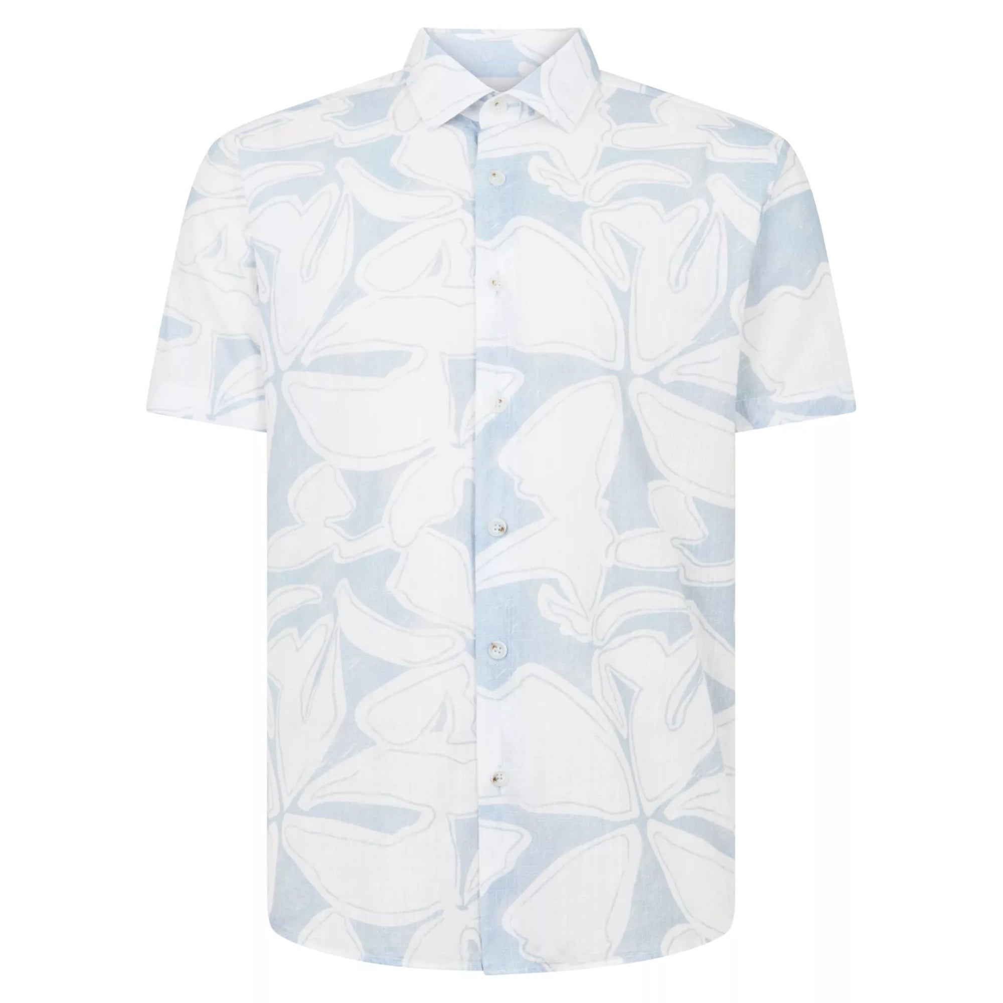 Short-sleeve shirt with a light blue and white floral pattern on a white background