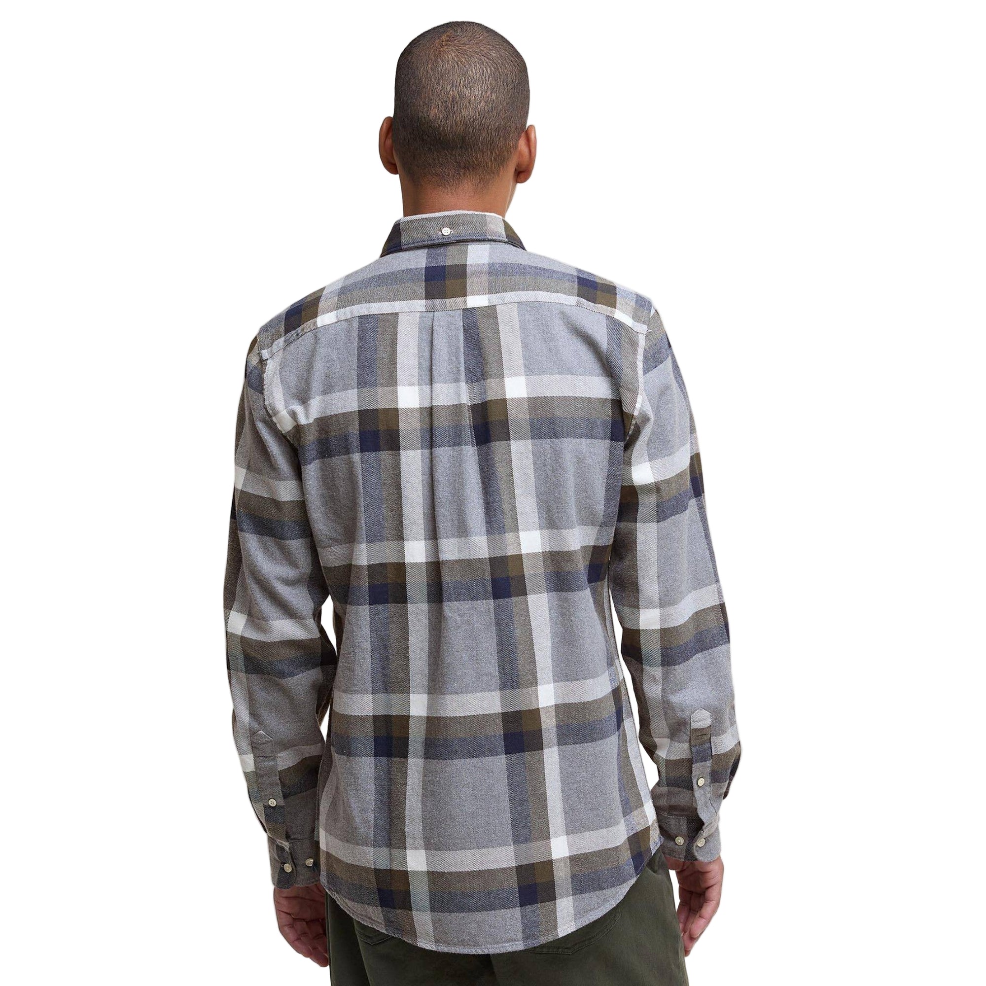 Man wearing a plaid shirt from behind on a white background