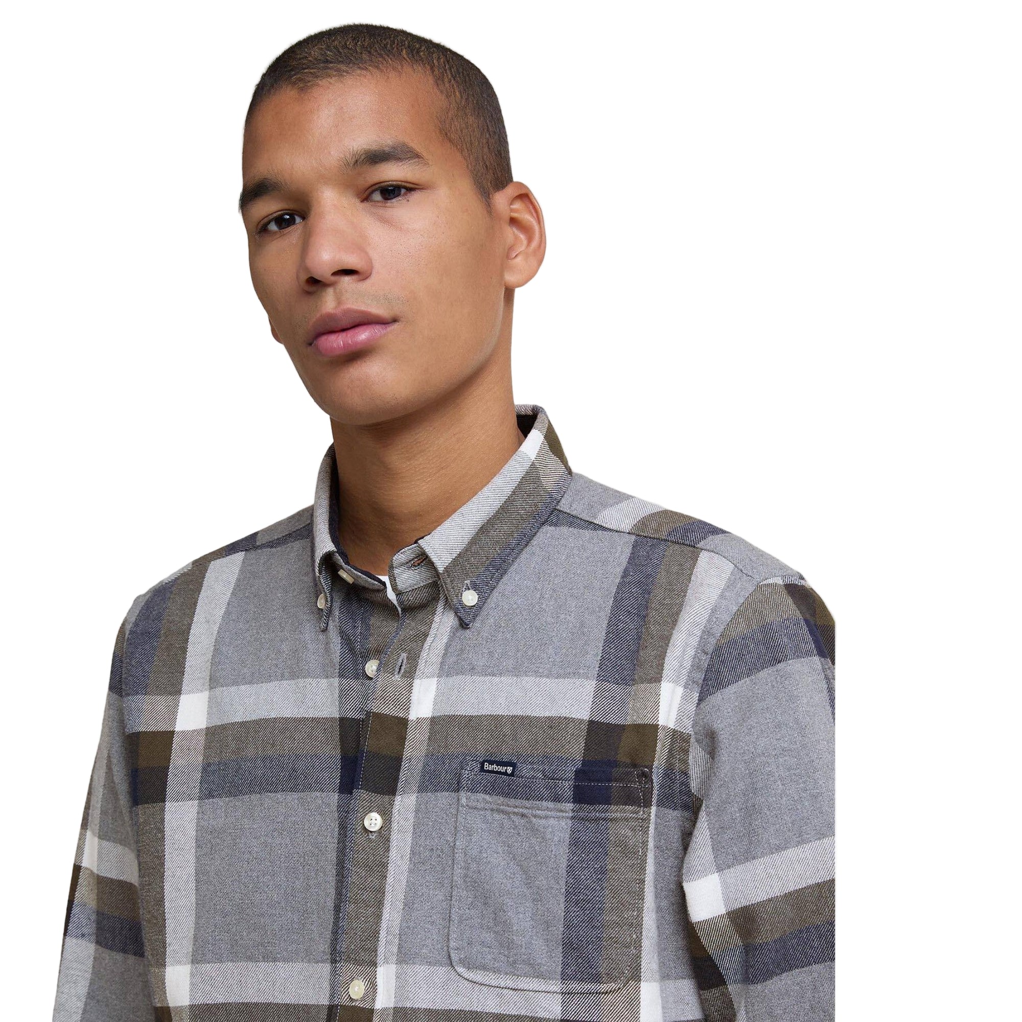 Man wearing a plaid shirt against a plain background