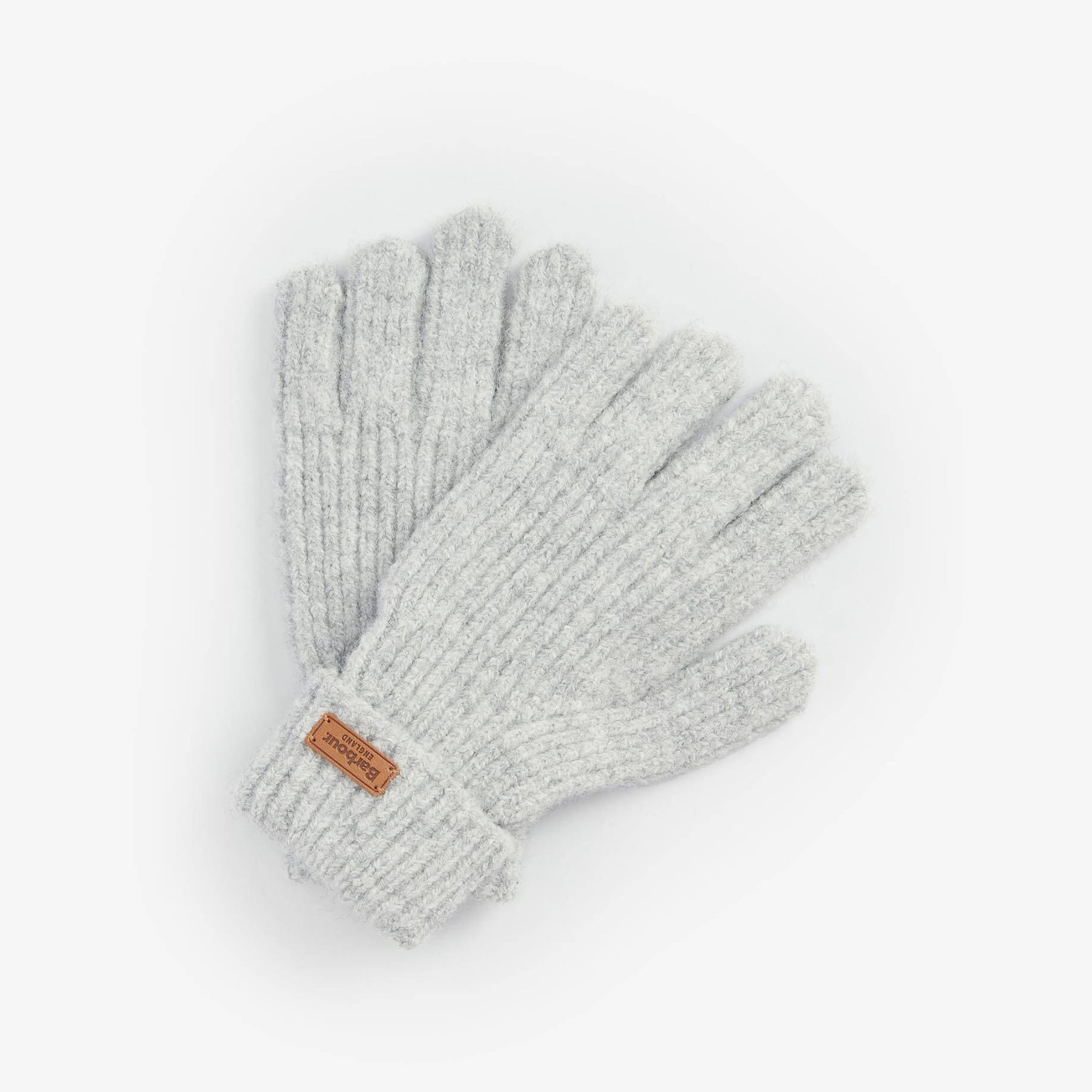 Pair of gray gloves with a brand logo on a white background