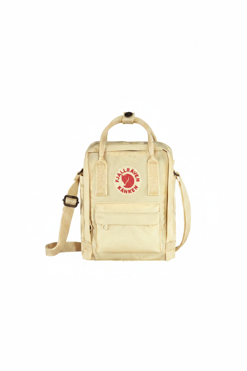 Light oak backpack with a visible brand logo on a white background 
