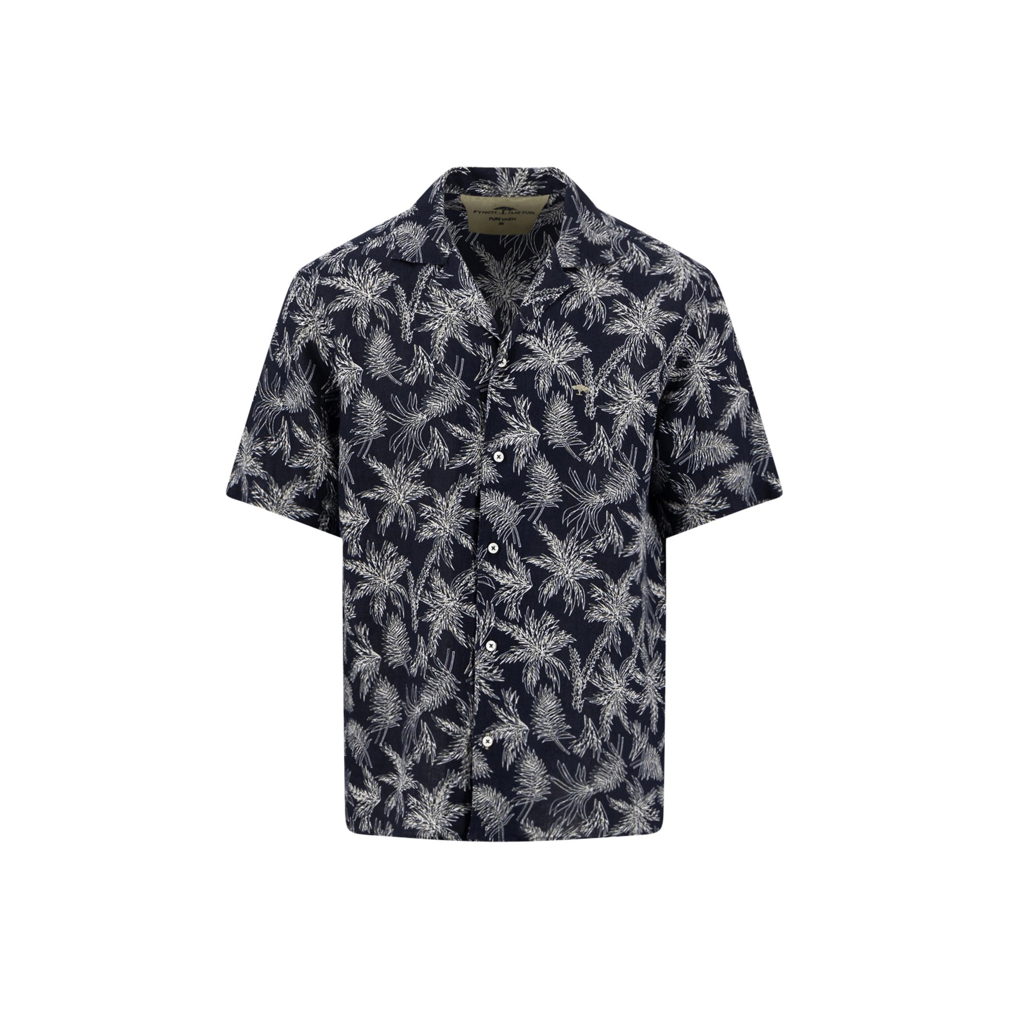 Navy shirt with white palm tree pattern on a white background