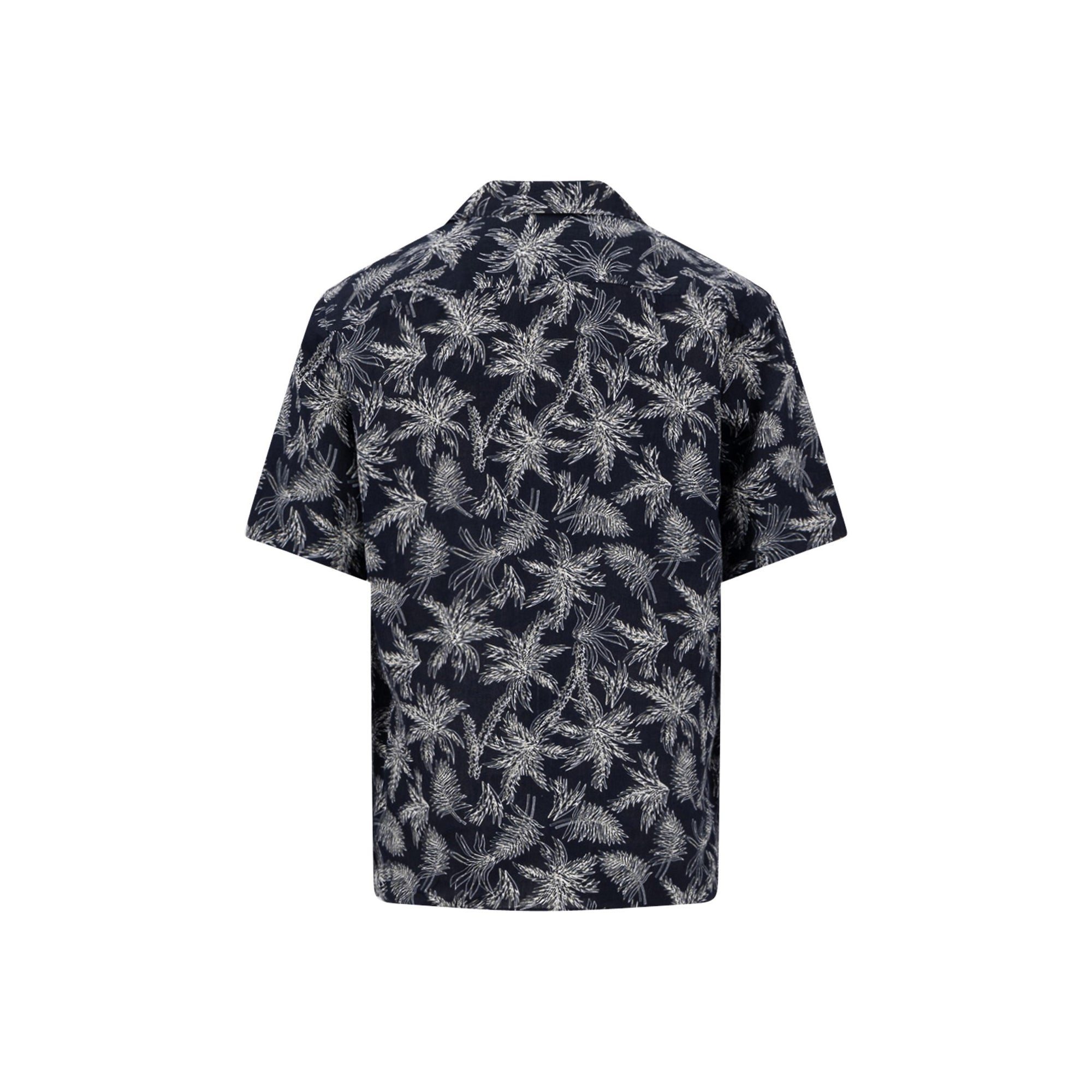 Navy shirt with white palm tree pattern on a white background