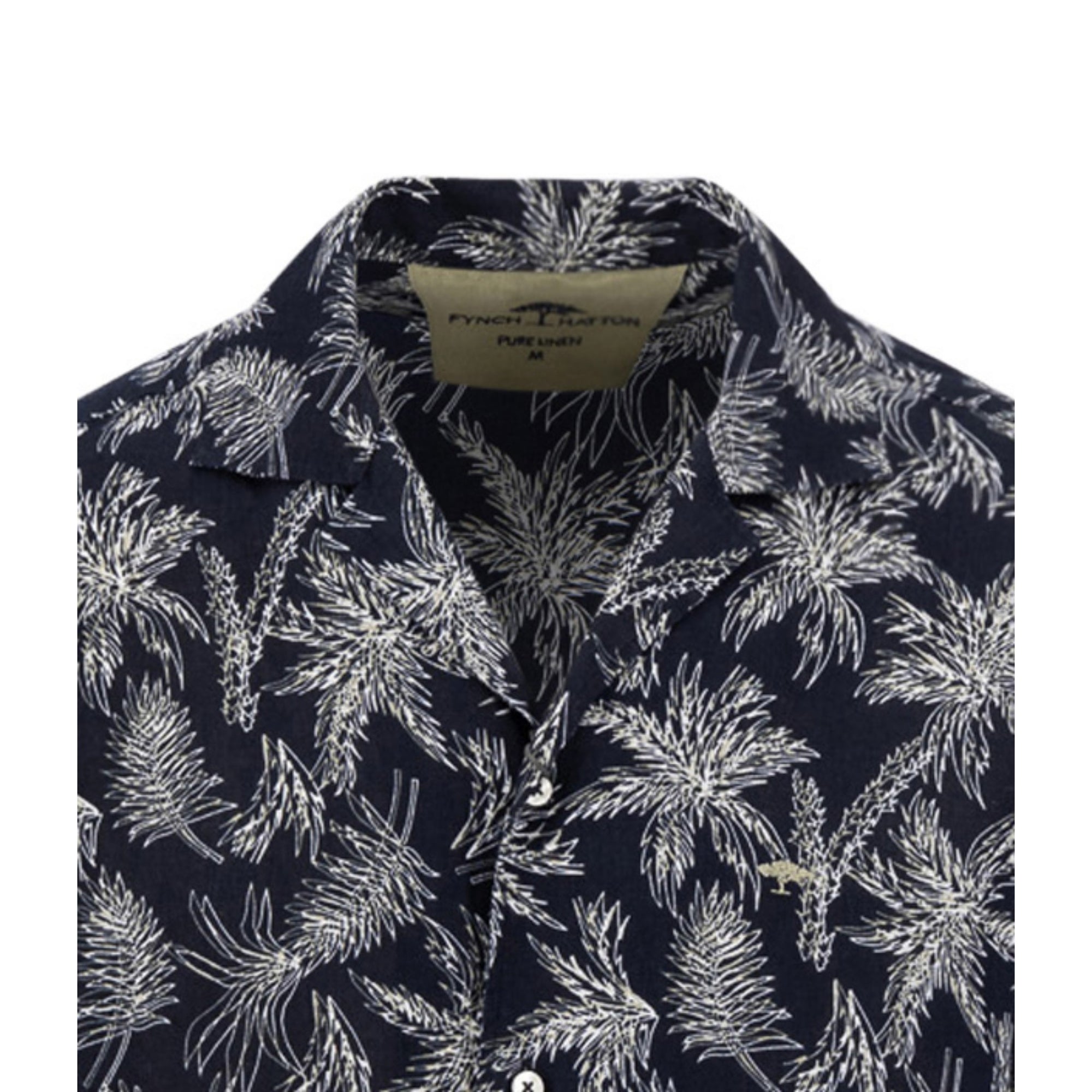 Navy shirt with white palm tree pattern on a white background