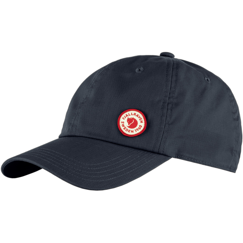 Dark navy cap with a red logo on a white background