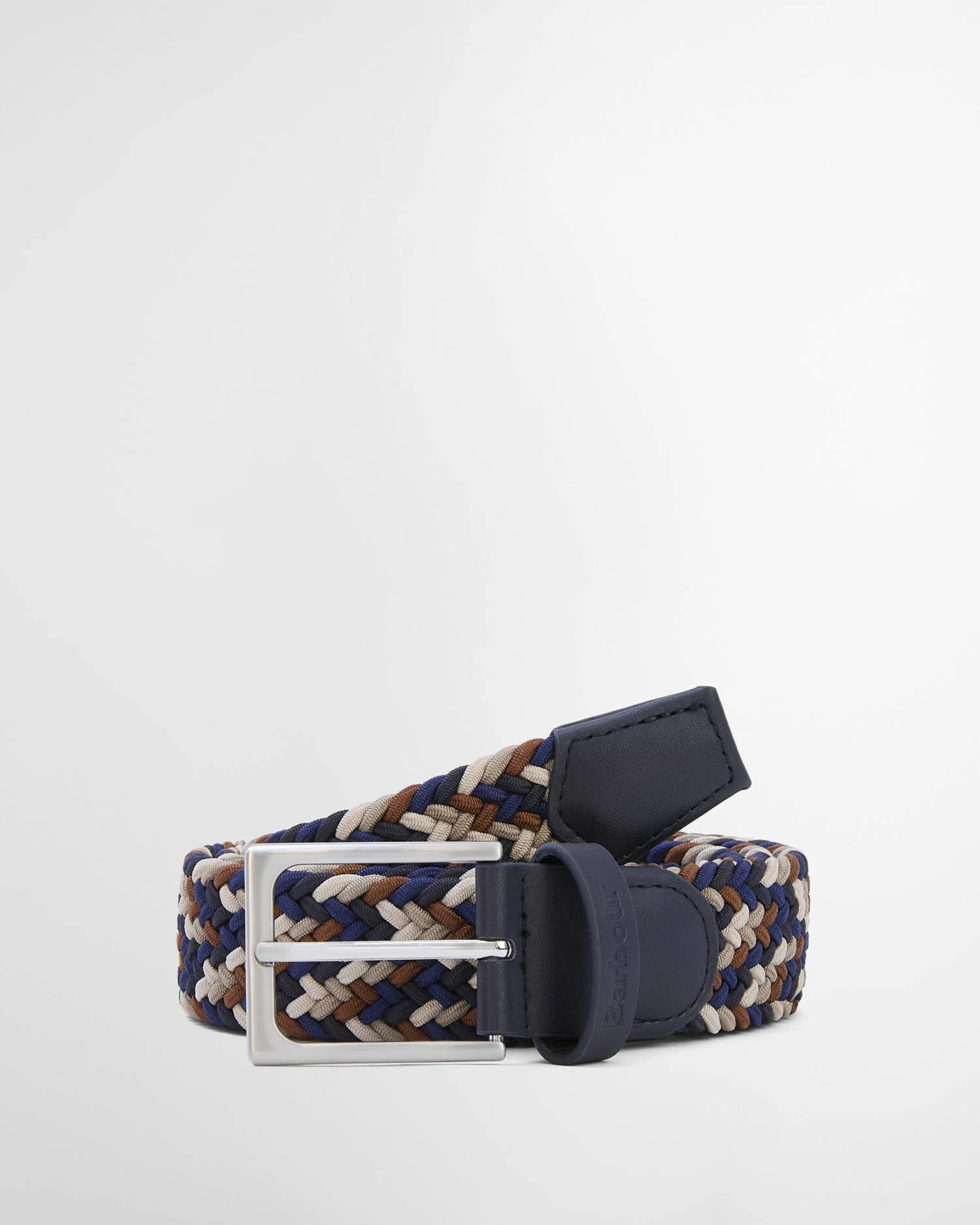 Barbour Ford belt navy rust stretch webbing leather trim front view