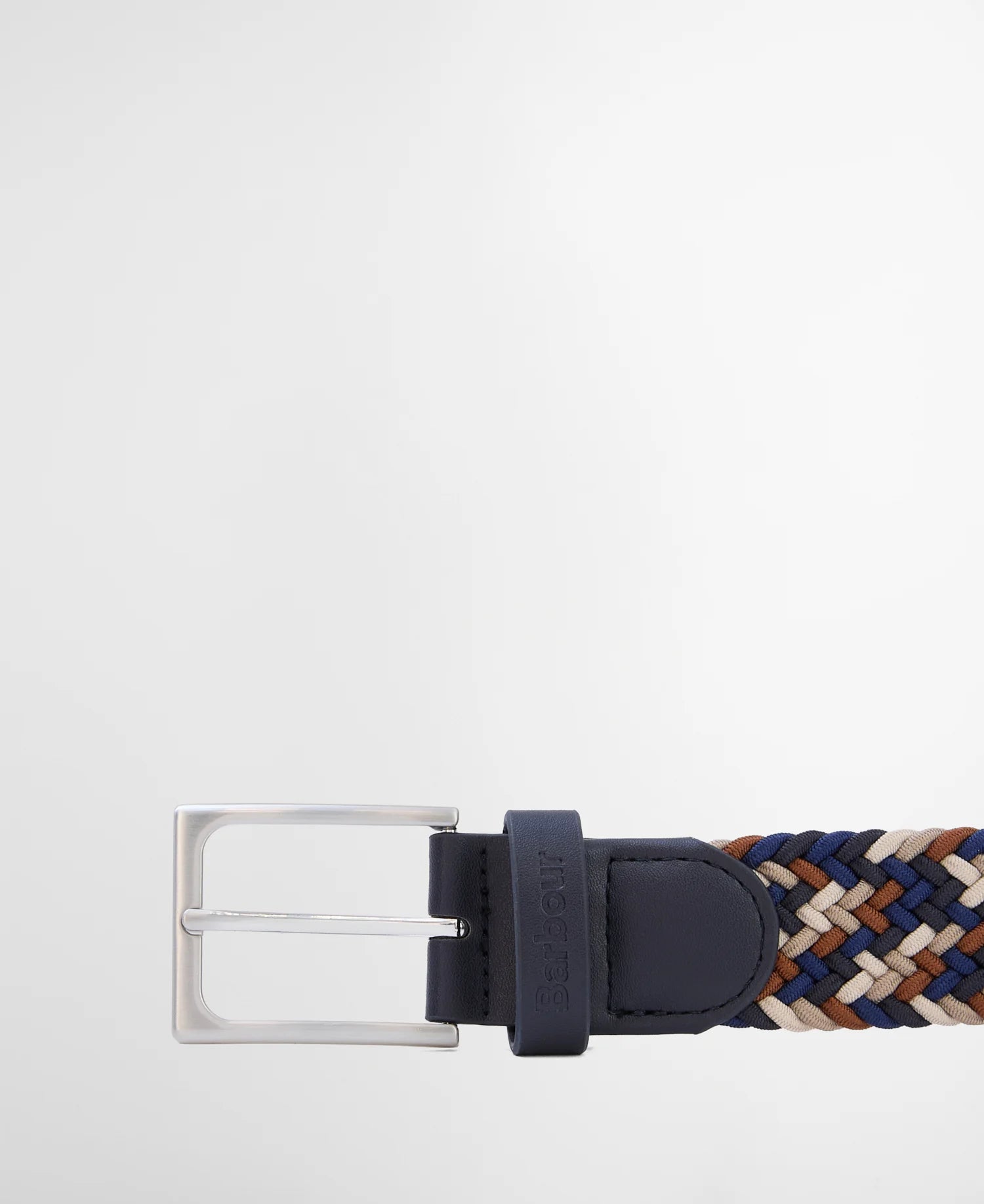 Barbour Ford belt navy rust stretch webbing aged brass buckle detail view