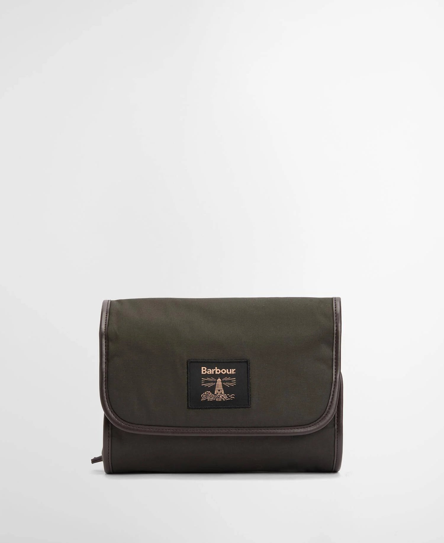 Barbour dark olive green canvas pouch with a brown leather trim and a central black brand patch, shown on a light gray background.