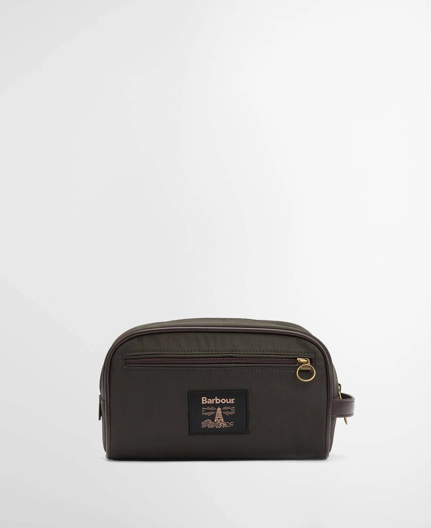 A dark brown Barbour toiletry bag with a black brand patch and gold-tone hardware, photographed on a clean white background.