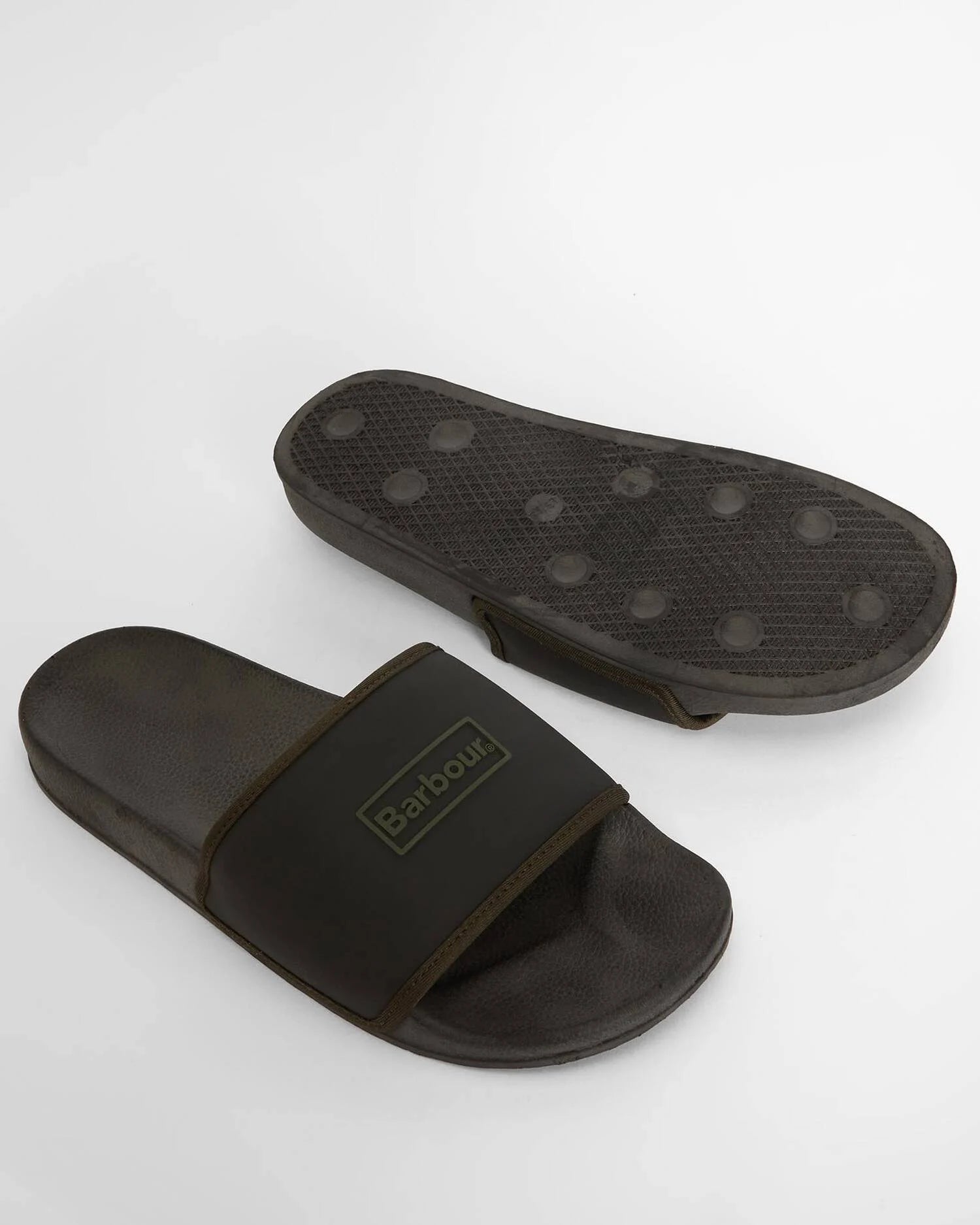Barbour Cresswell sliders classic black moulded logo strap angled view