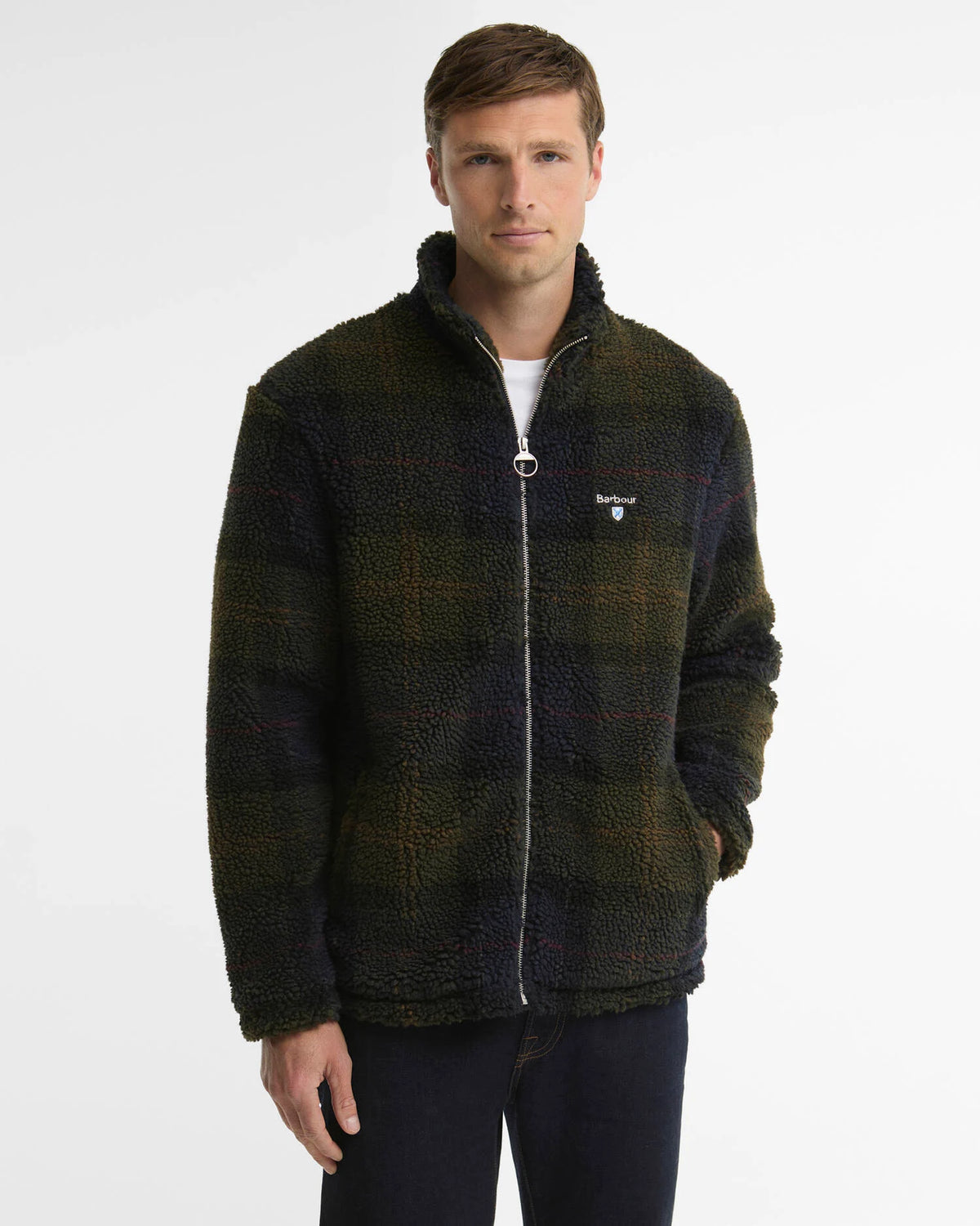 Barbour Tartan Sherpa Zip Through Fleece in Shadow Classic Tartan