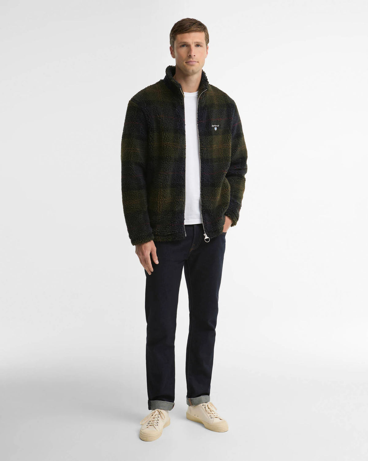 Barbour Tartan Sherpa Zip Through Fleece in Shadow Classic Tartan