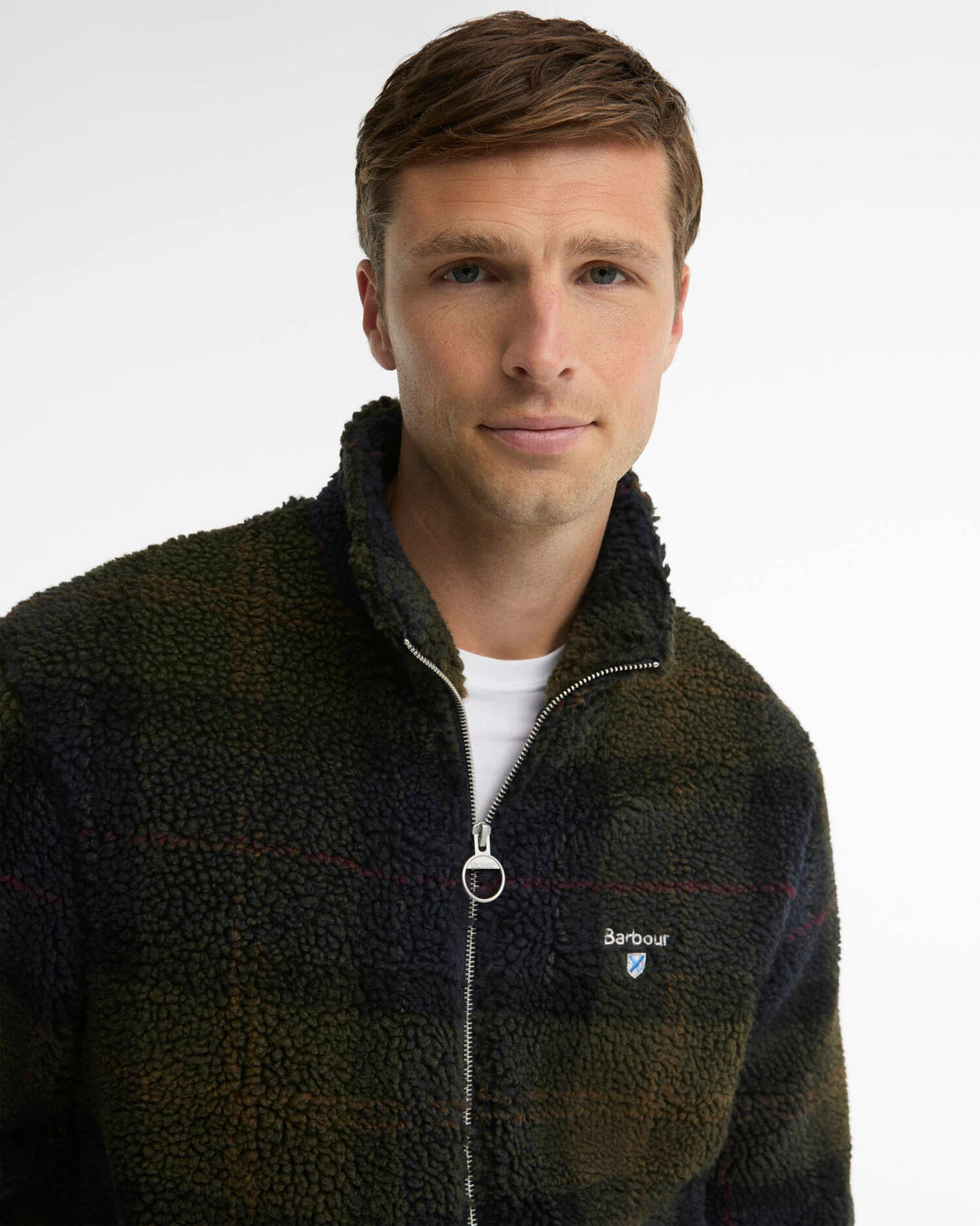 Barbour Tartan Sherpa Zip Through Fleece in Shadow Classic Tartan